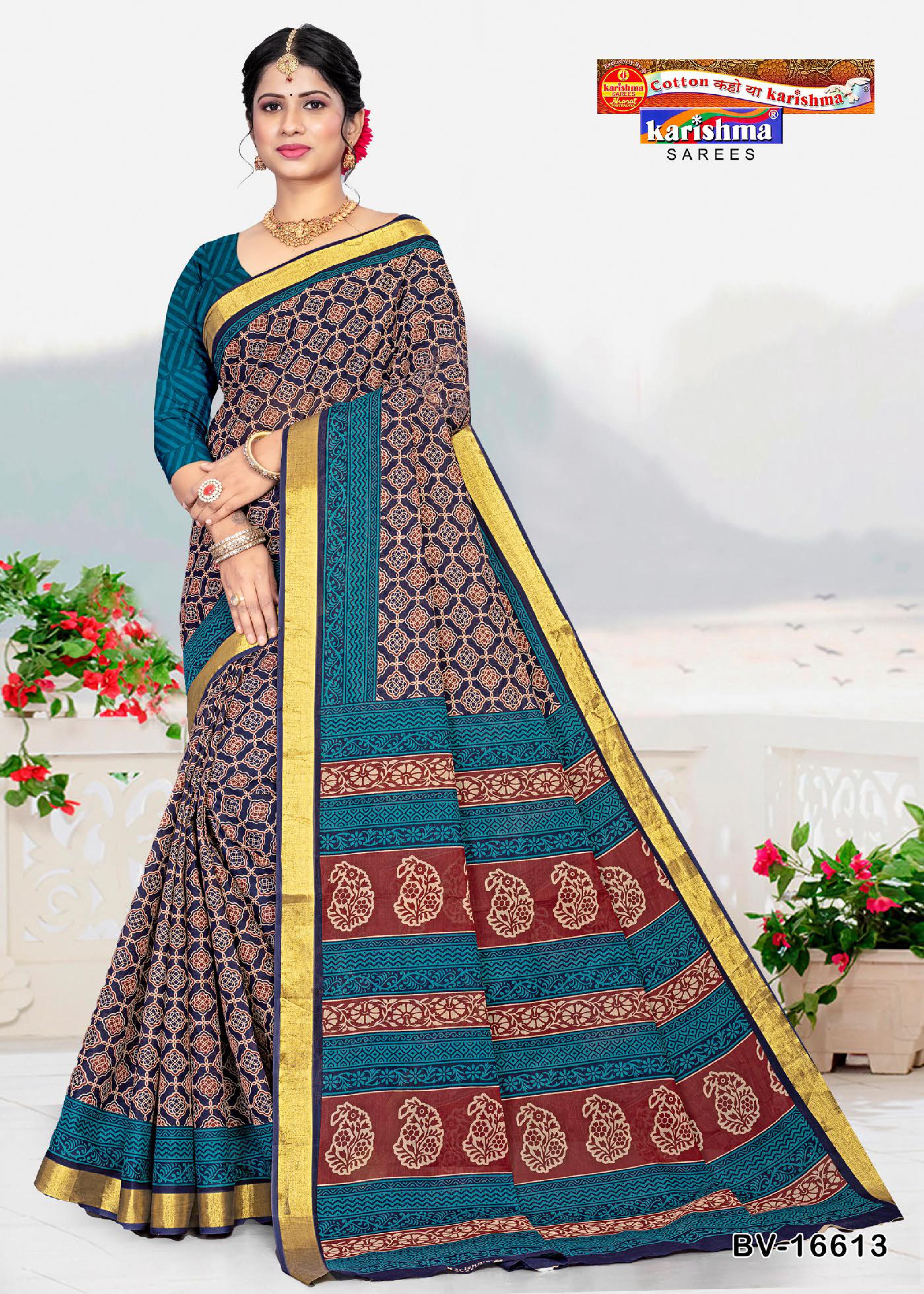 Black And Blue Pure Cotton (Stiff) Mulmul Saree With Ajark Print And Golden Border