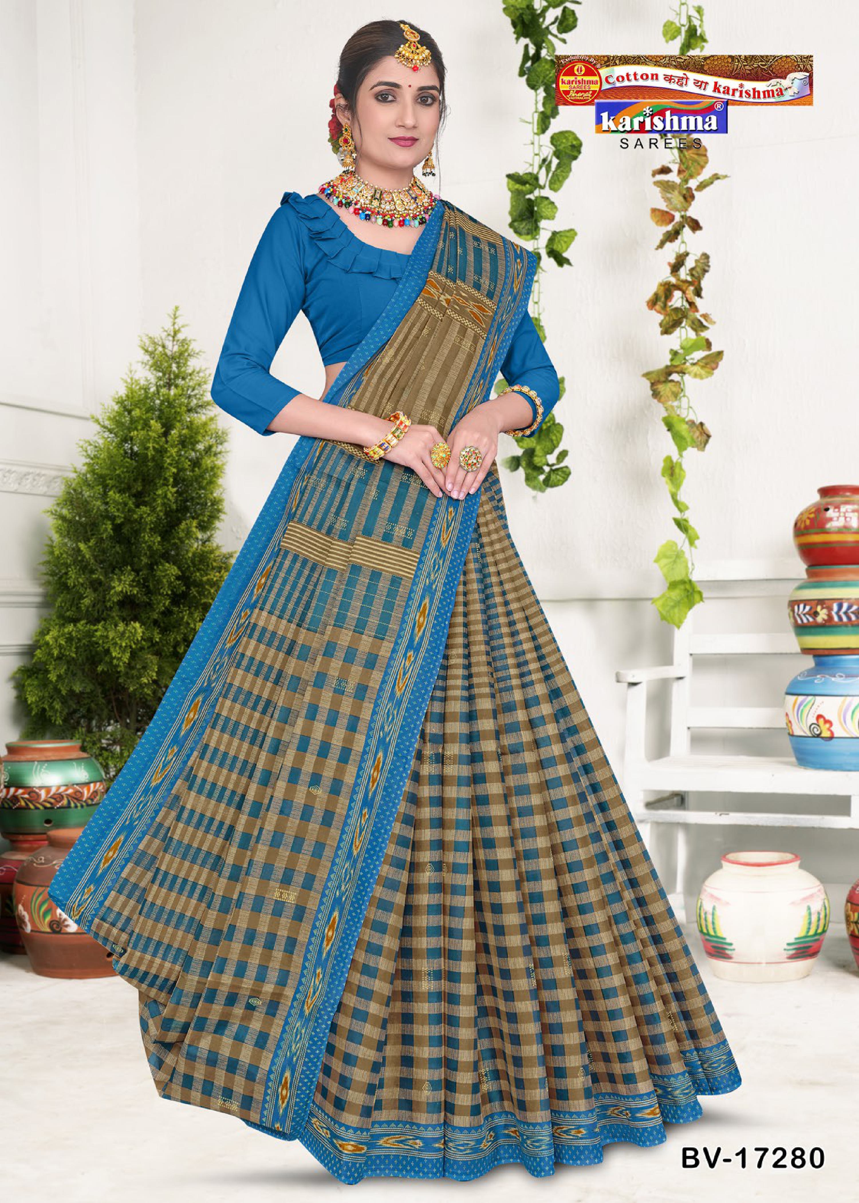 Blue Pure Cotton Mulmul (Stiff) Saree With Geomatiric Motif Desigen Attached Blouse Pc.