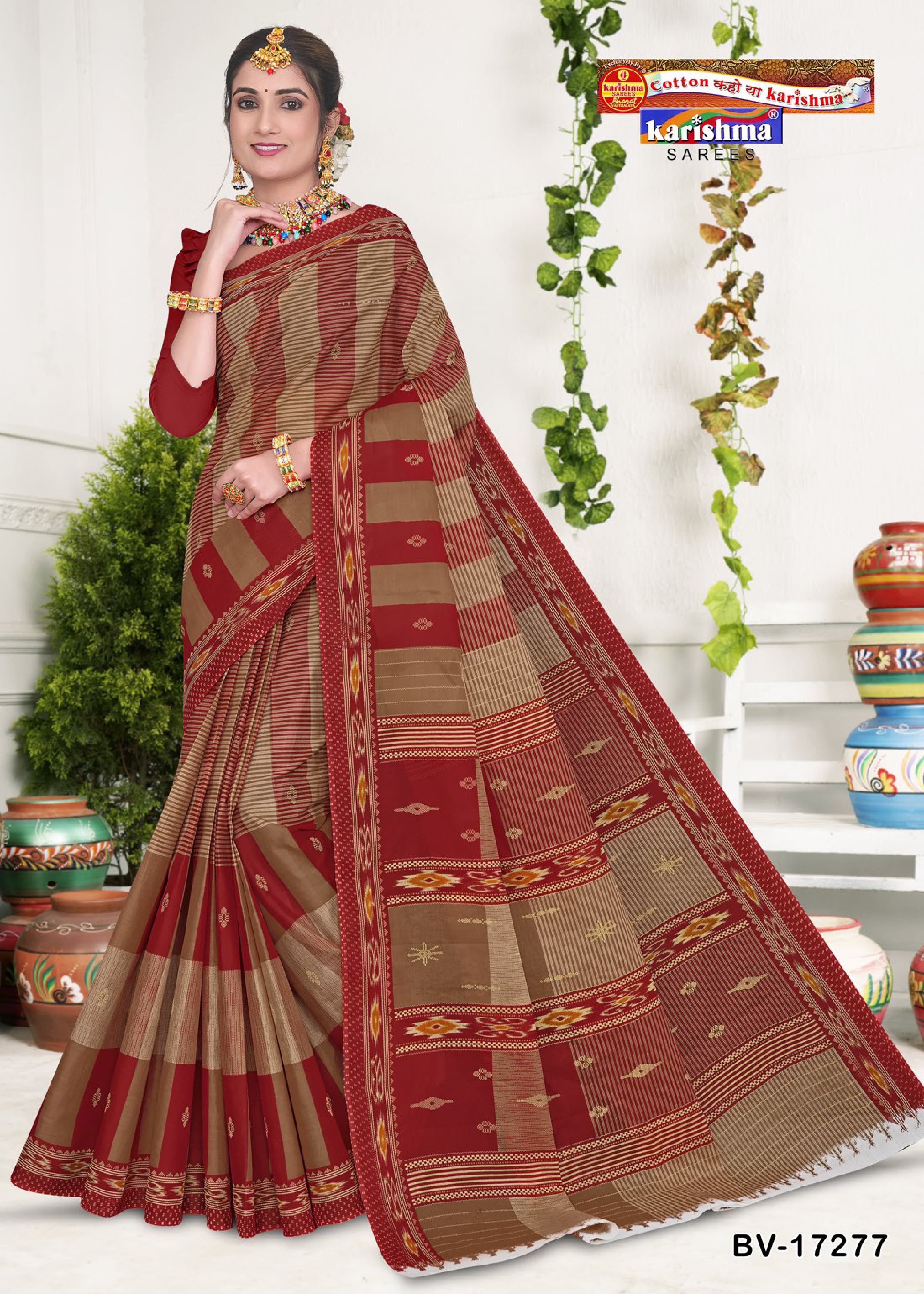 Red Pure Cotton Mulmul (Stiff) Saree With Geomatiric Motif Desigen Attached Blouse Pc.