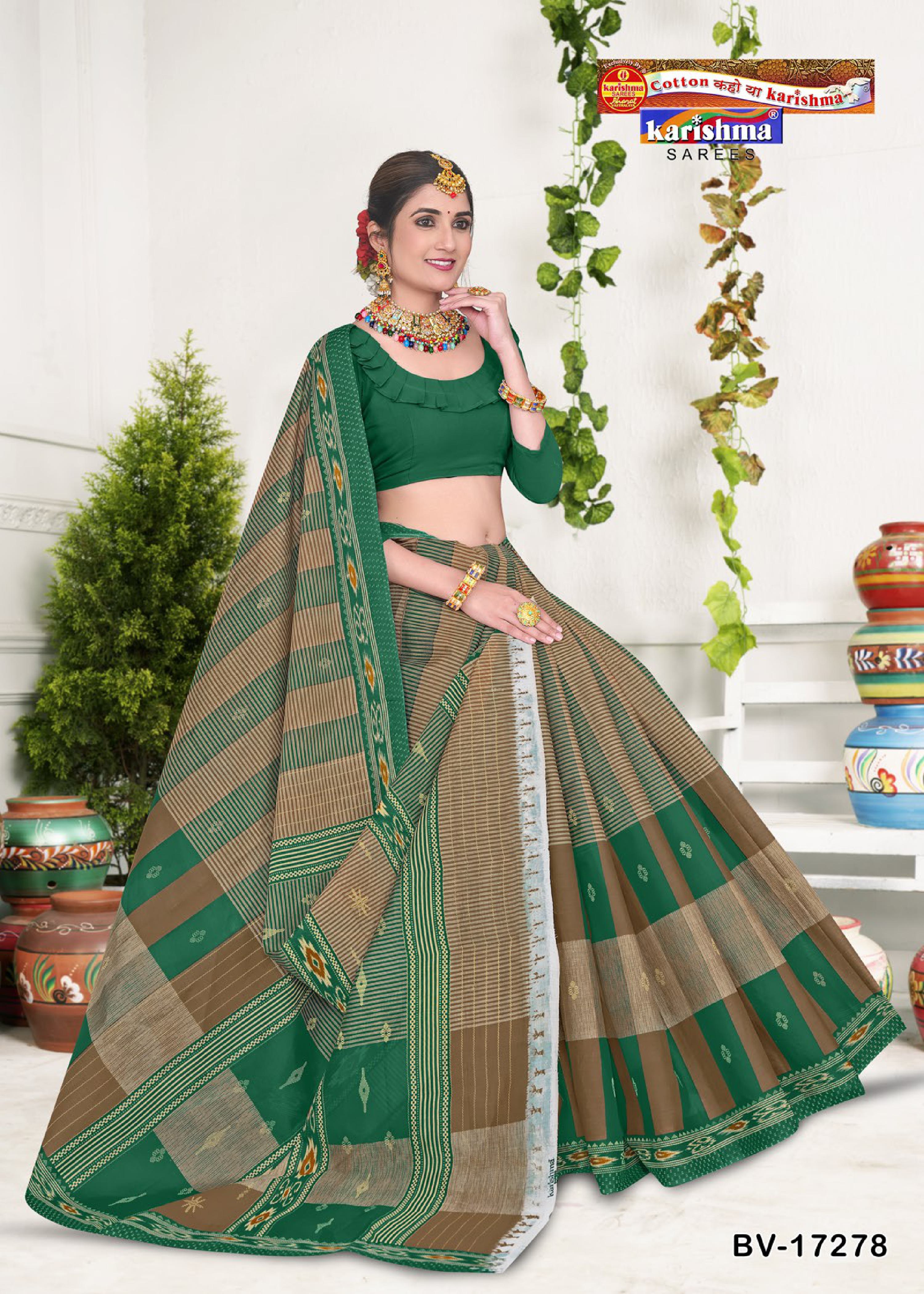 Green Pure Cotton Mulmul (Stiff) Saree With Geomatiric Motif Desigen Attached Blouse Pc.
