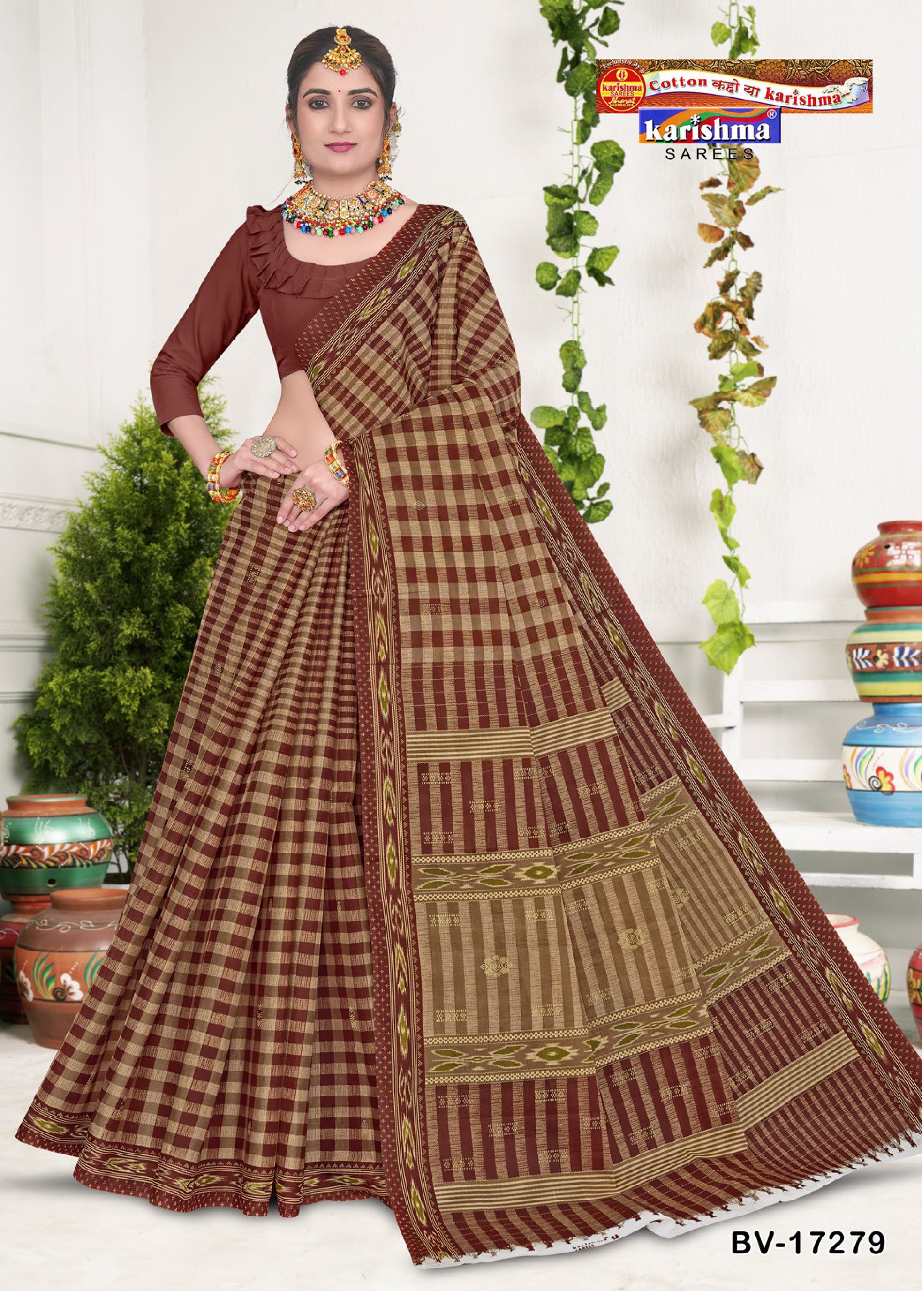 Brown Pure Cotton Mulmul (Stiff) Saree With Geomatiric Motif Desigen Attached Blouse Pc.