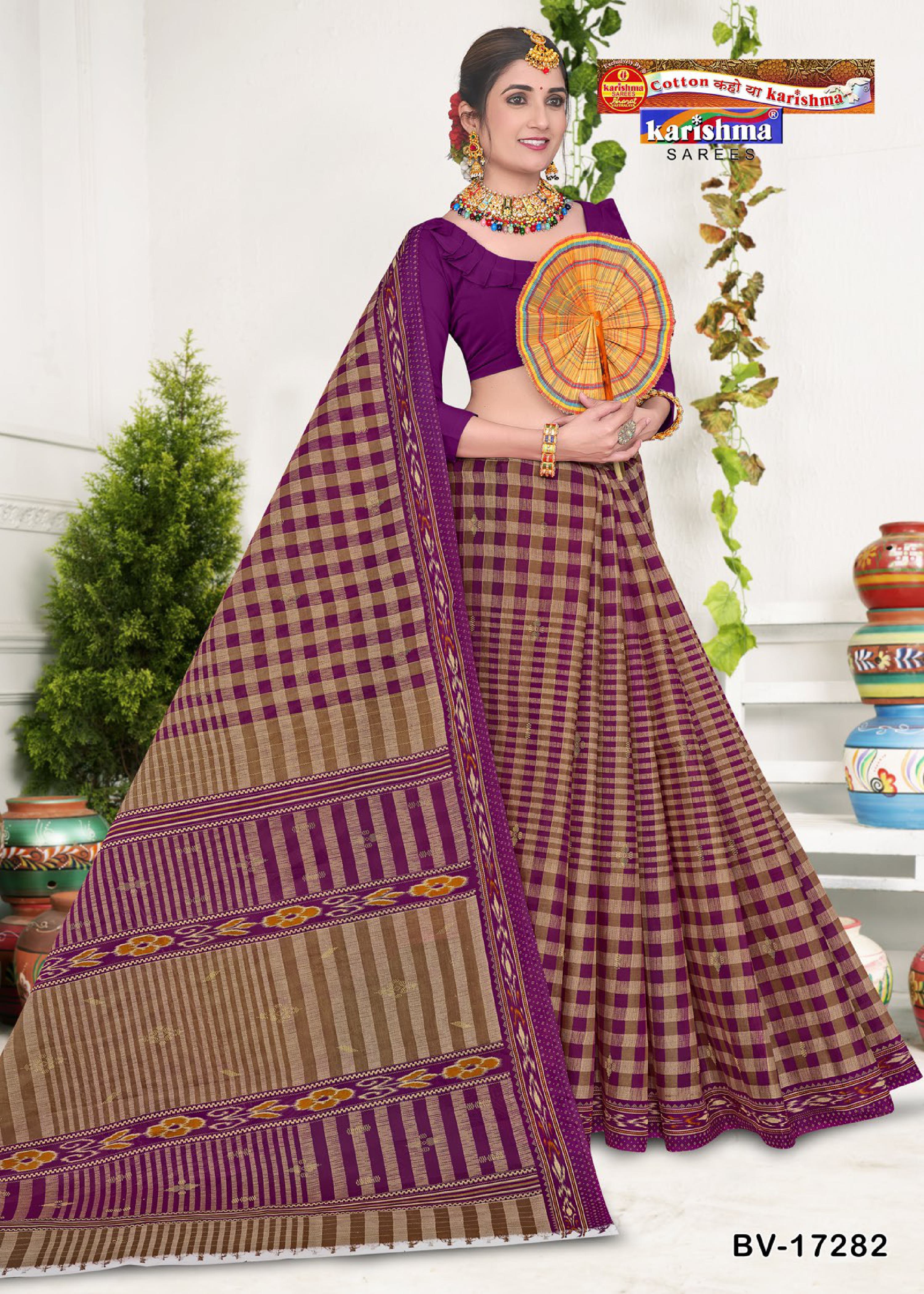 Purple Pure Cotton Mulmul (Stiff) Saree With Geomatiric Motif Desigen Attached Blouse Pc.