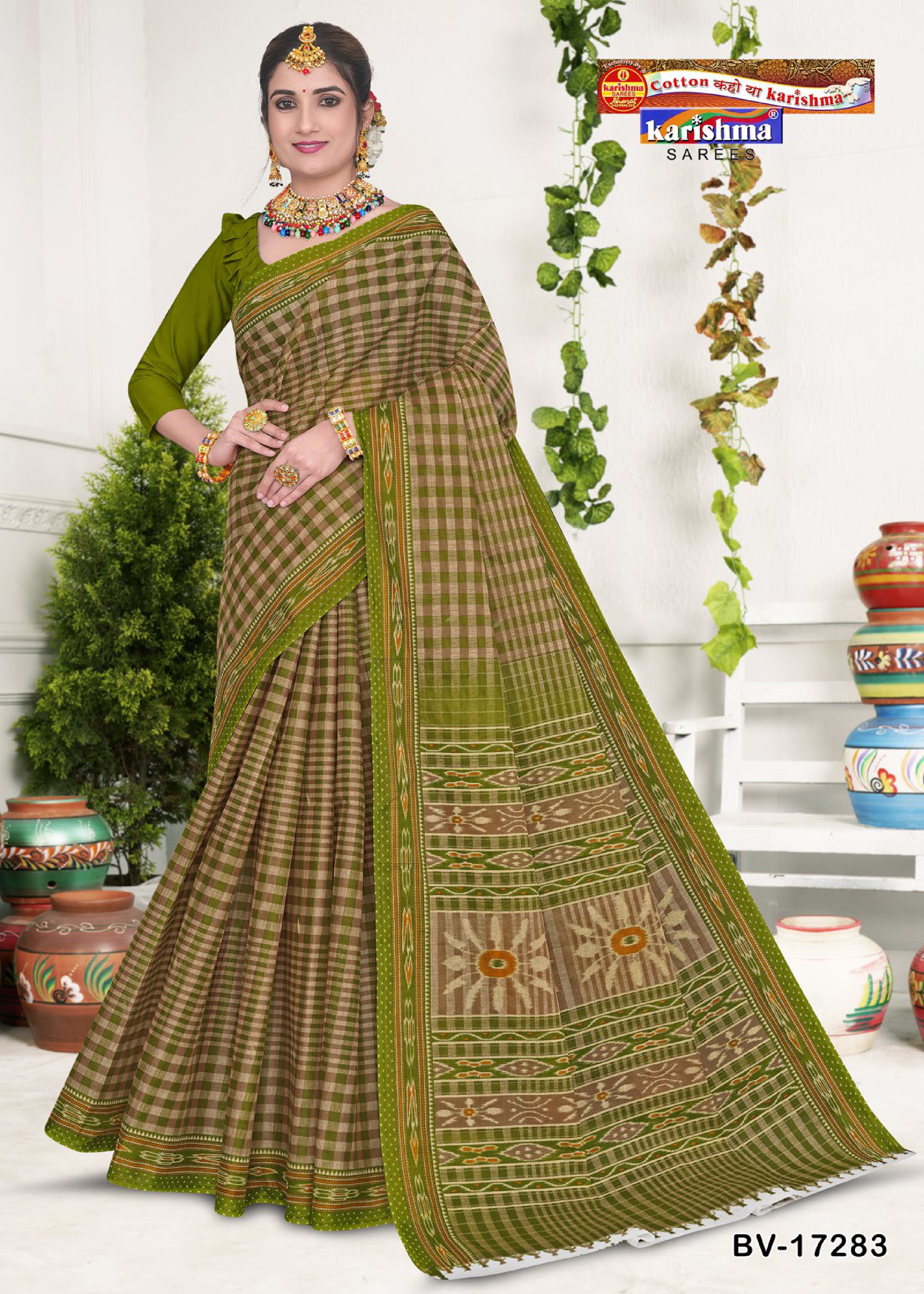 Olive Pure Cotton Mulmul (Stiff) Saree With Geomatiric Motif Desigen Attached Blouse Pc.
