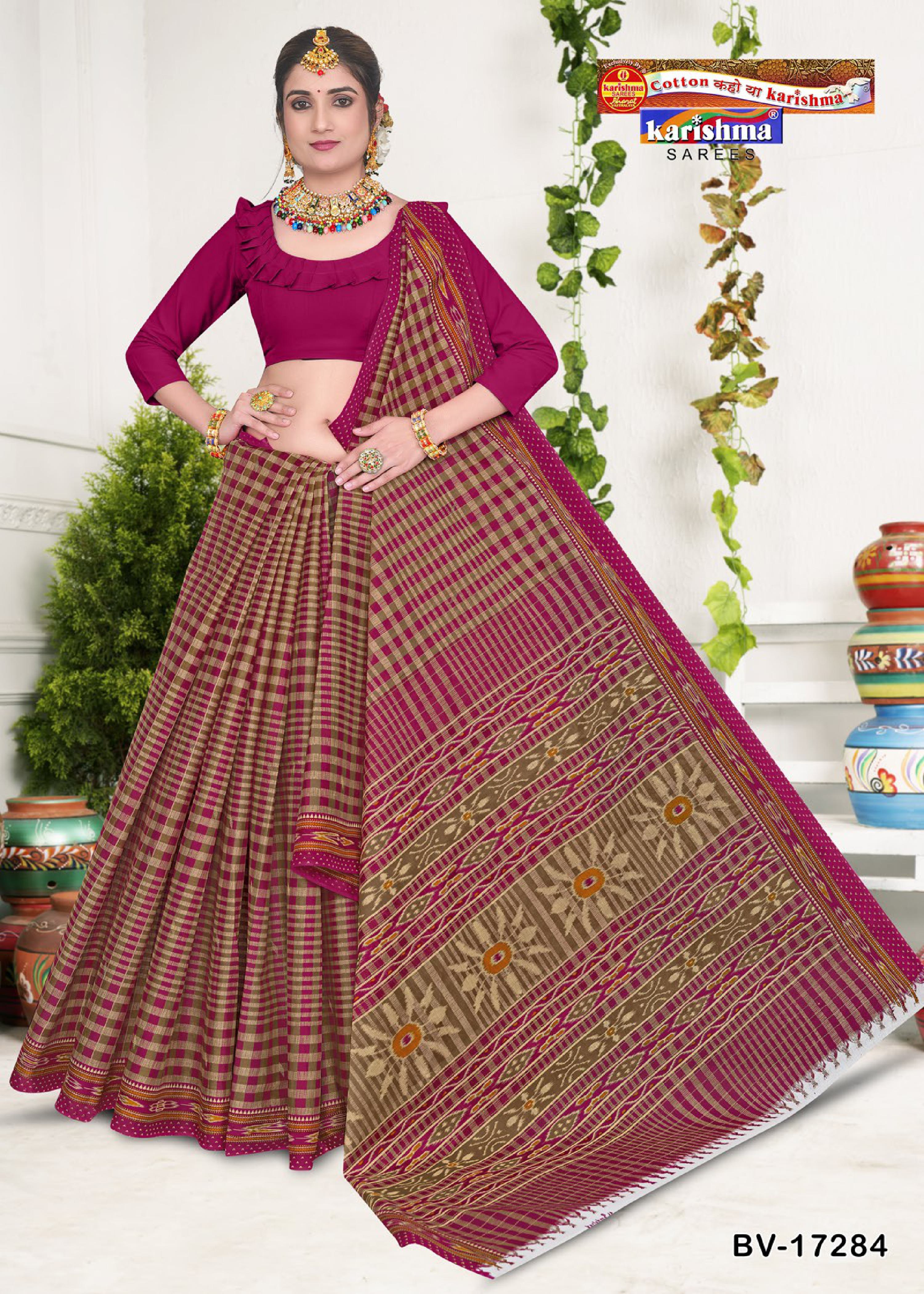 Pink Pure Cotton Mulmul (Stiff) Saree With Geomatiric Motif Desigen Attached Blouse Pc.