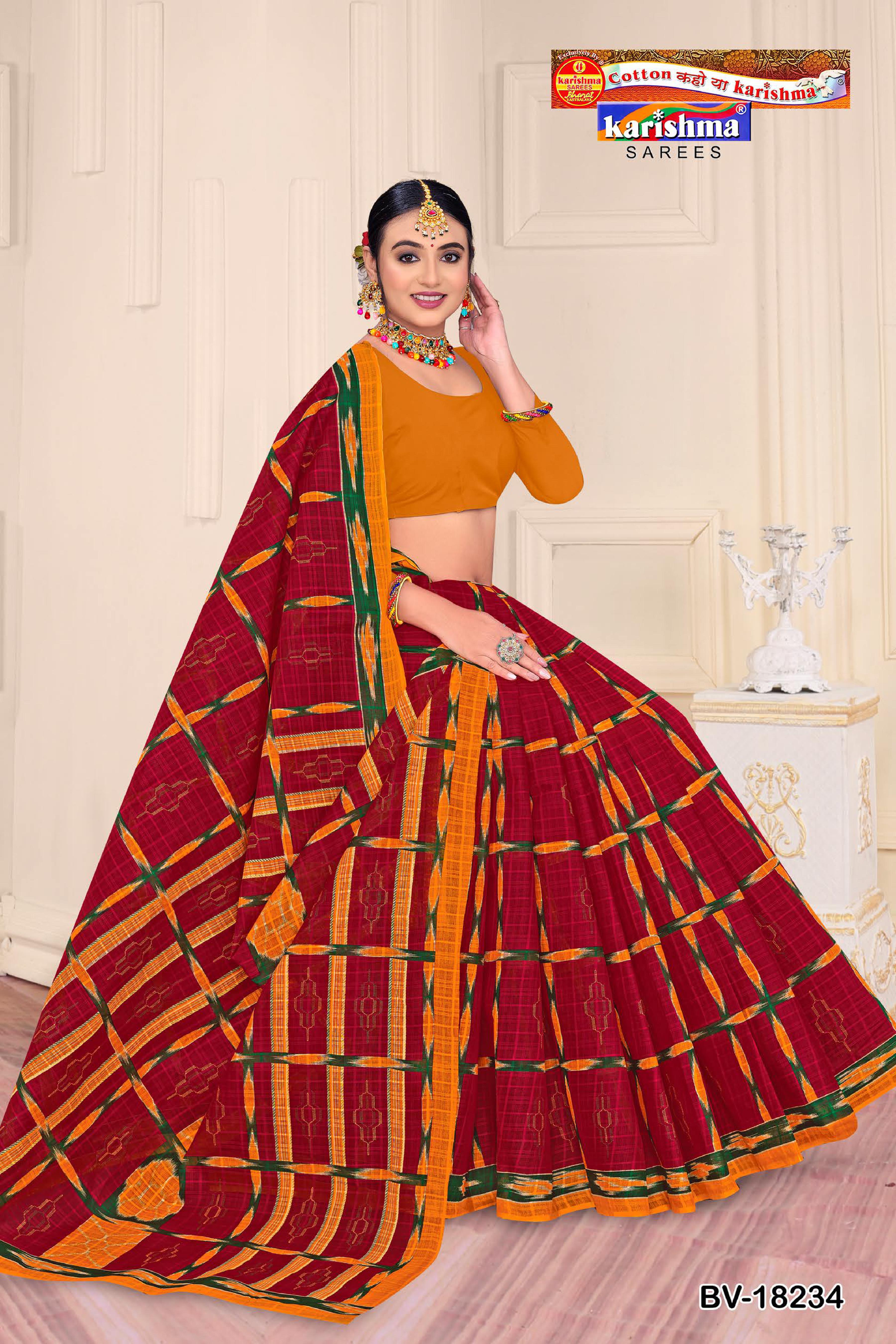 Red & Yellow Pure Cotton Mulmul (Stiff) Saree With Ikat Style Print And Bold Prints.