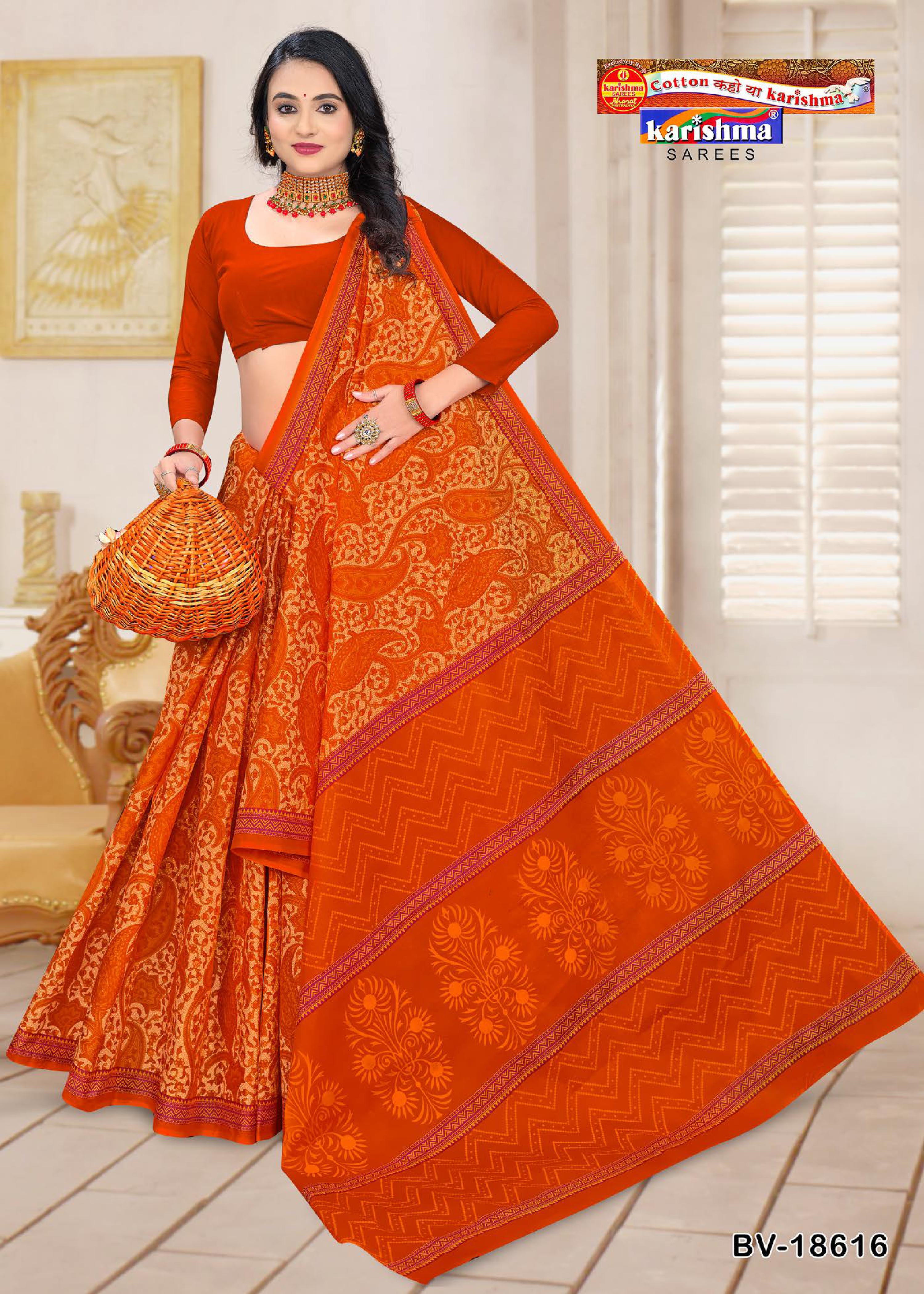 Orange Pure Cotton Malai (Soft) Saree With Paisely print