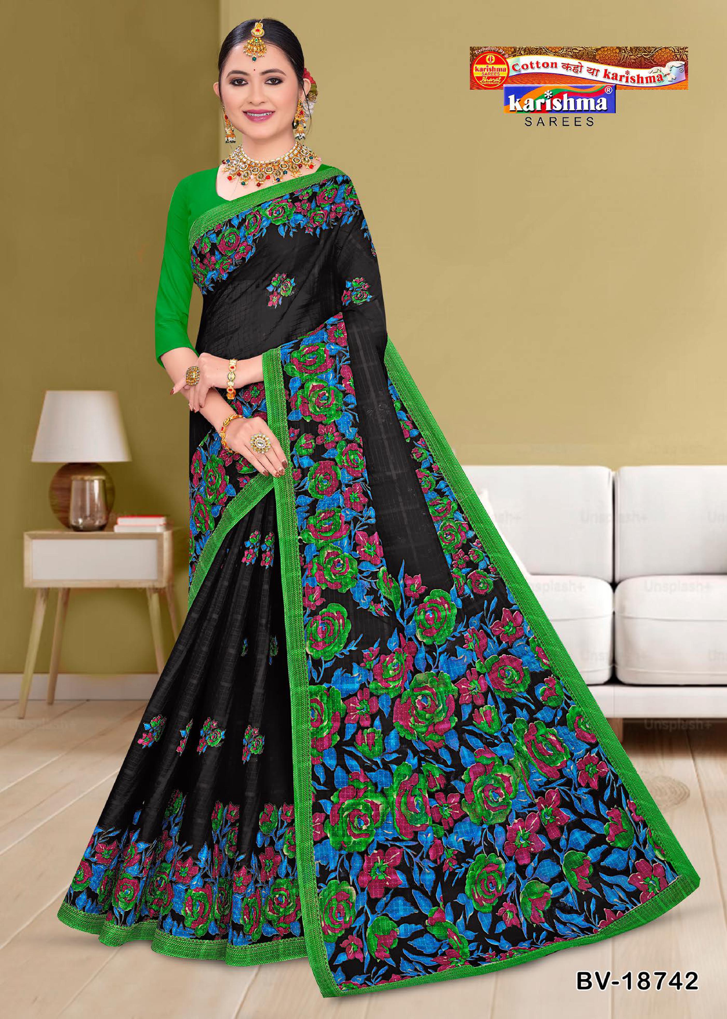 Black And Green Pure Cotton (Stiff) Mulmul Saree With Big Floral Border
