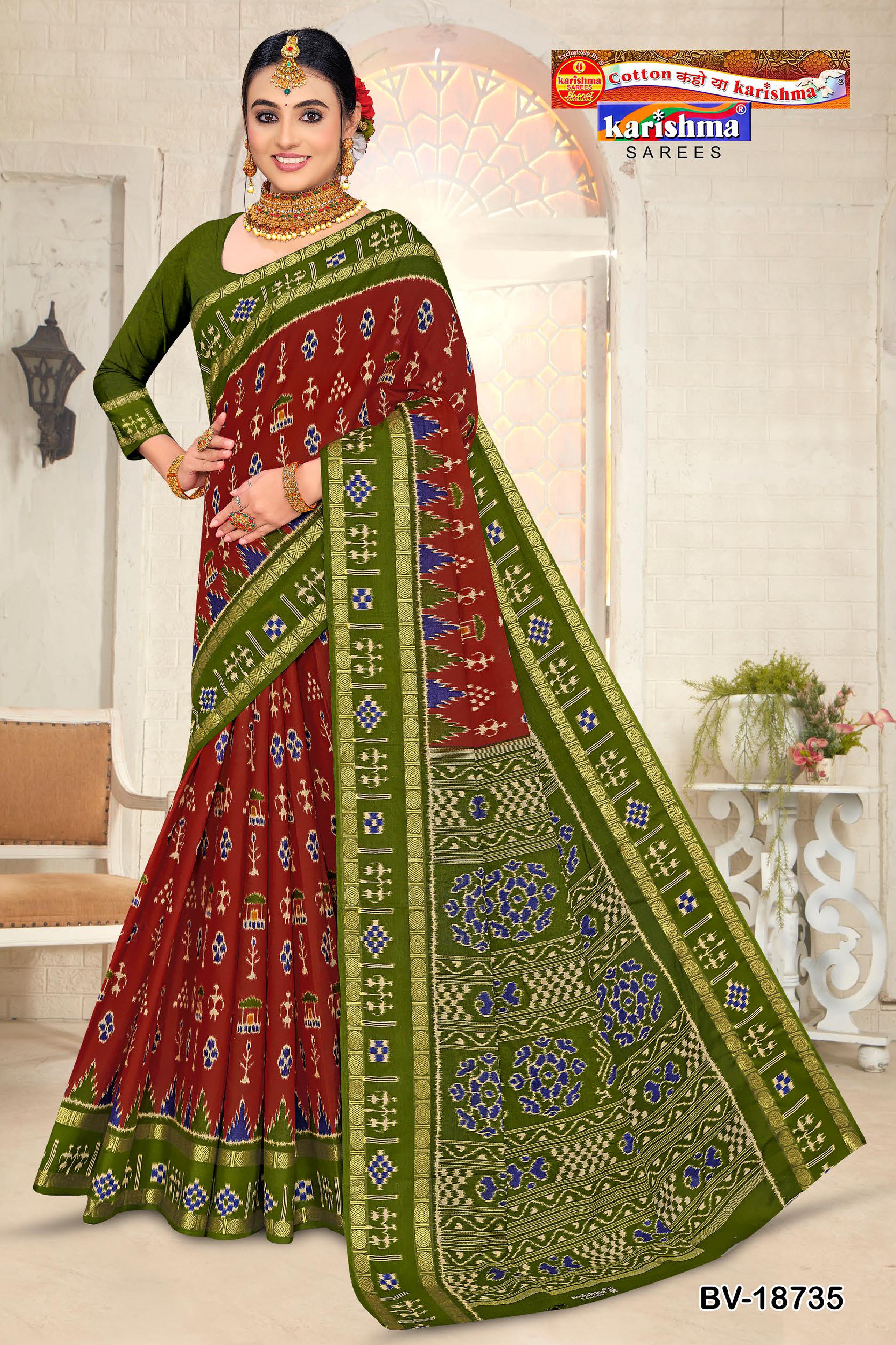 Maroon And Green Pure Cotton Malai ( Soft ) Saree With Ikat Style Design