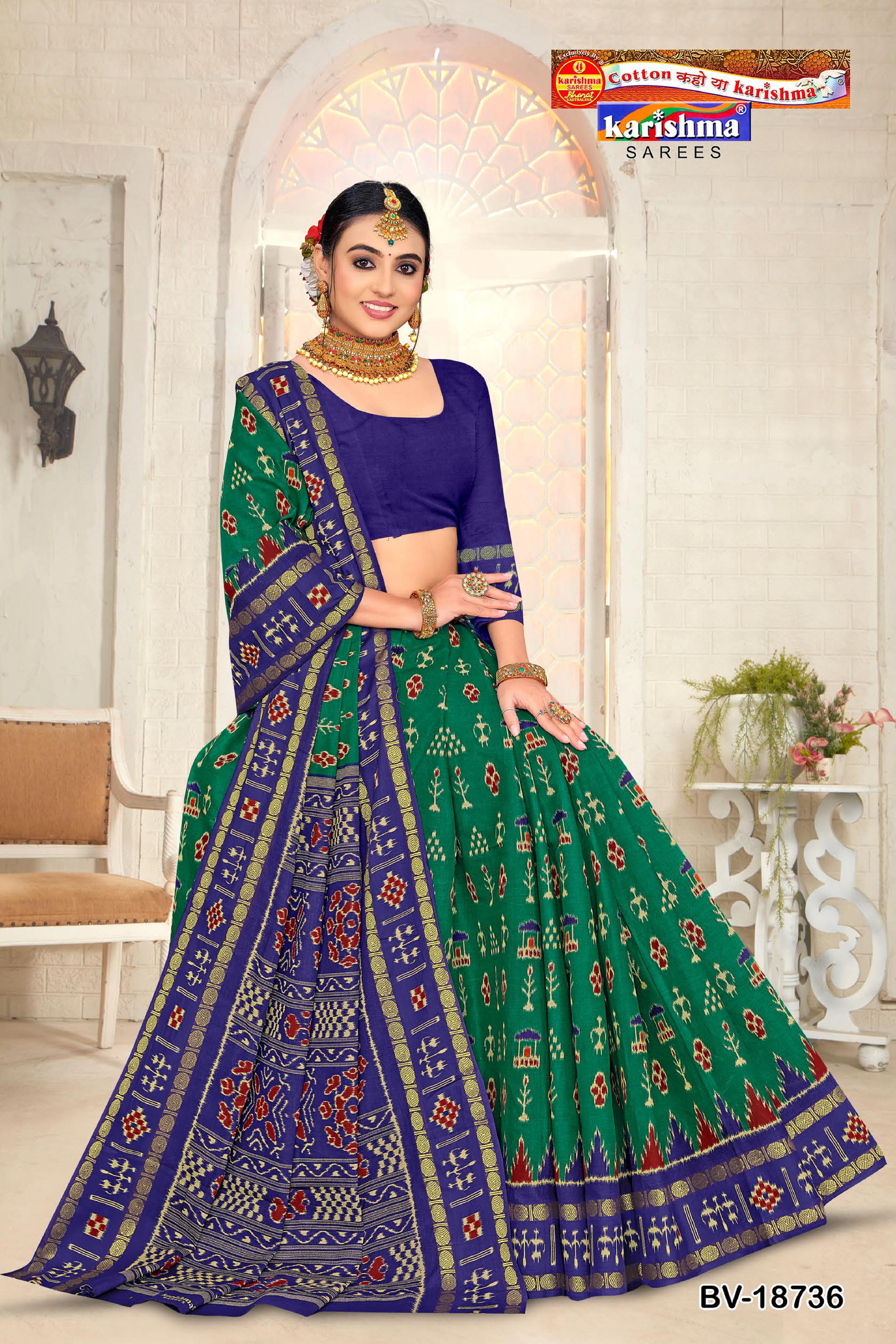 Green And Blue Pure Cotton Malai ( Soft ) Saree With Ikat Style Design