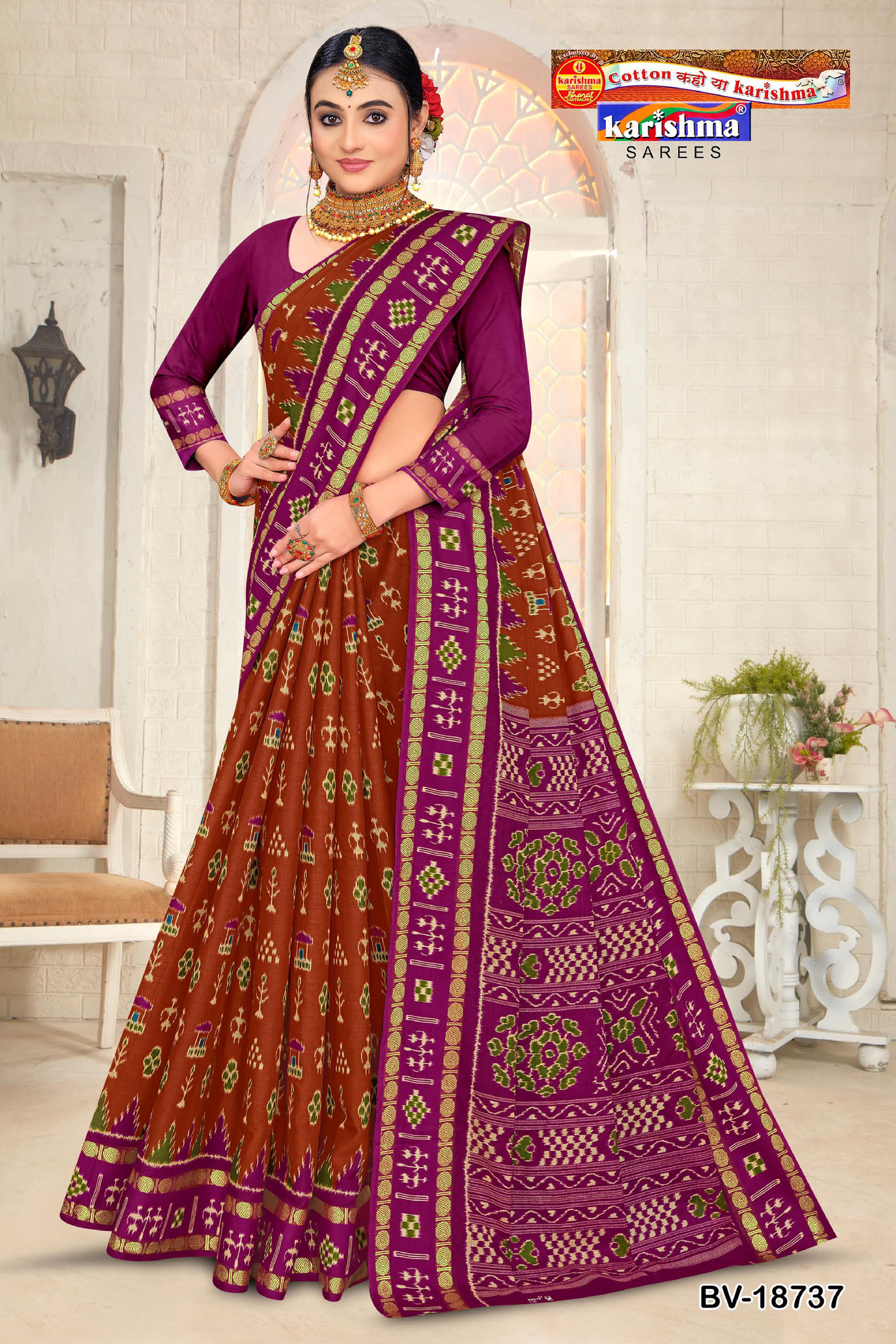 Brown And Purple Pure Cotton Malai ( Soft ) Saree With Ikat Style Design