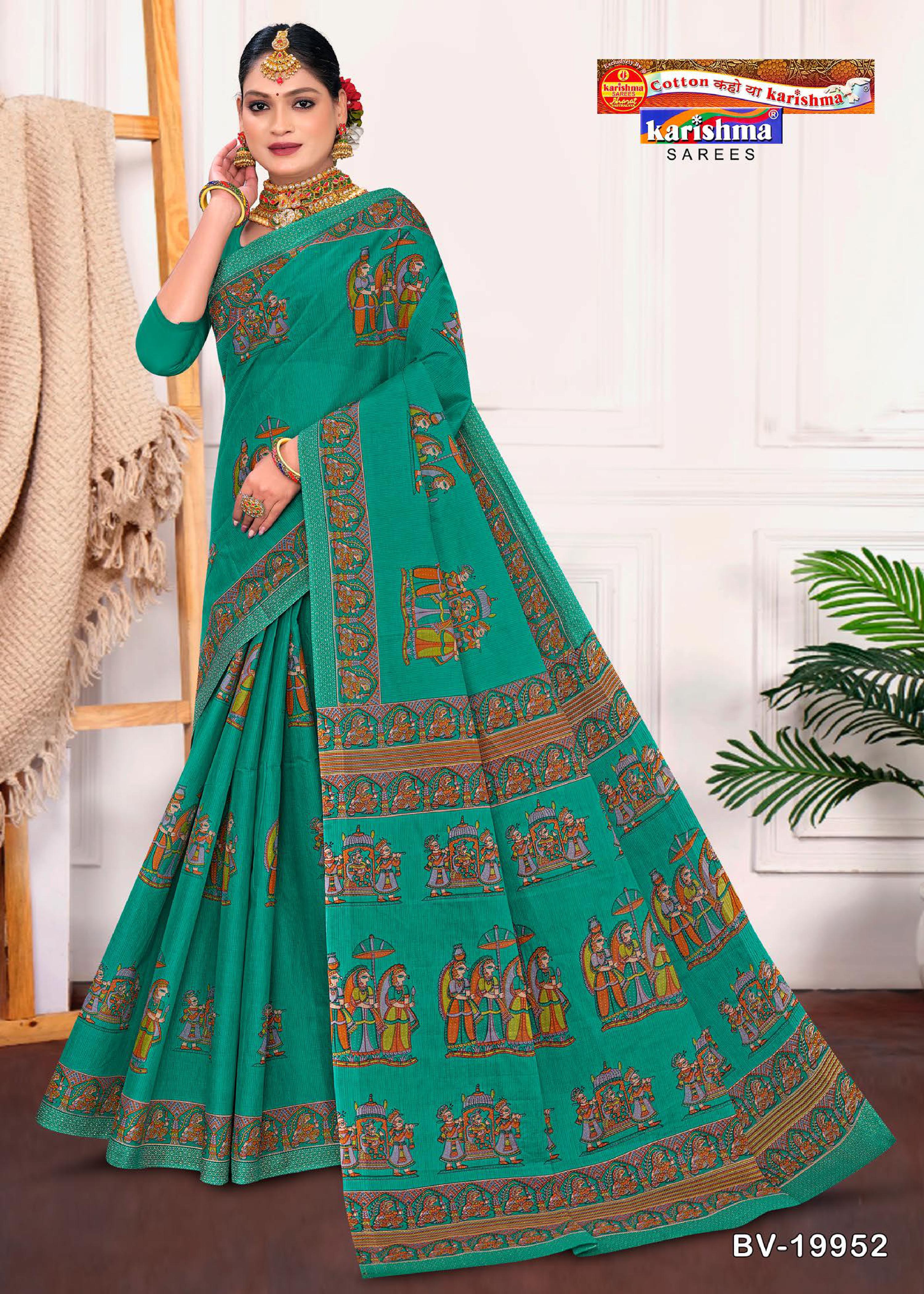 Green Pure Cotton Mulmul (Stiff) Saree With Kalamkari Print Allover The Saree