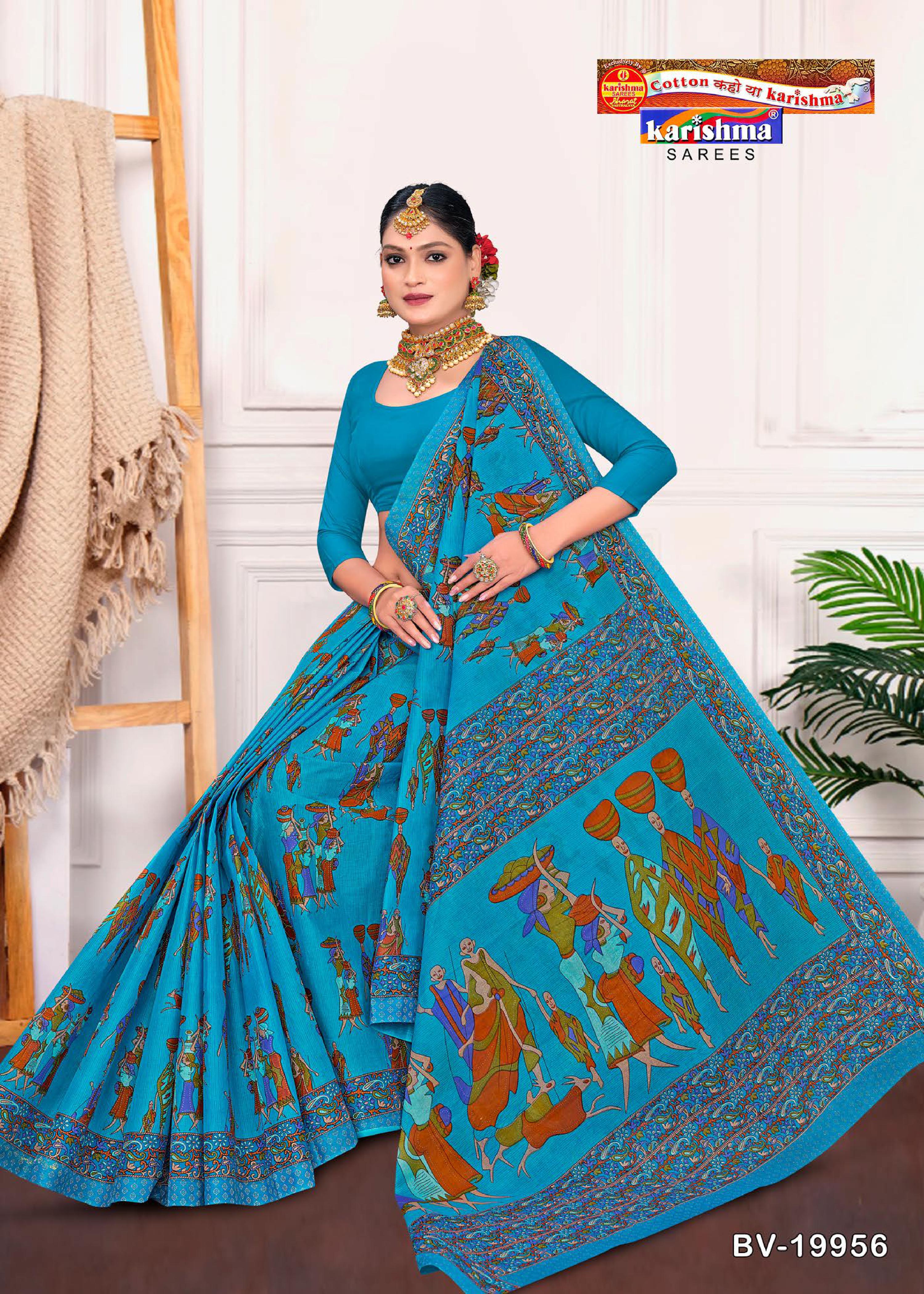 Blue Pure Cotton Mulmul (Stiff) Saree With Kalamkari Print Allover The Saree
