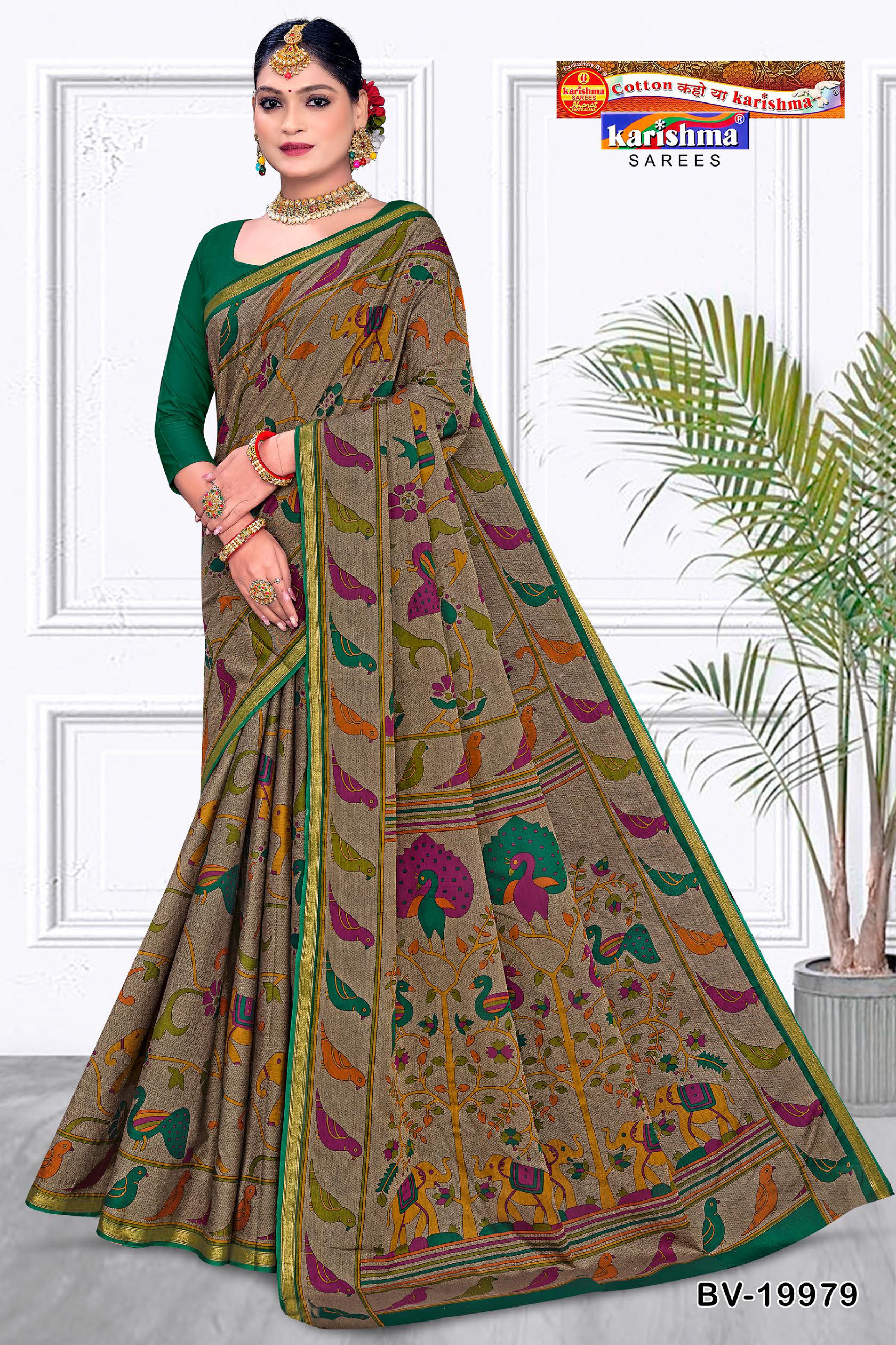 Green Pure Cotton Muslin (Soft) Saree With Animal And Floarl Print