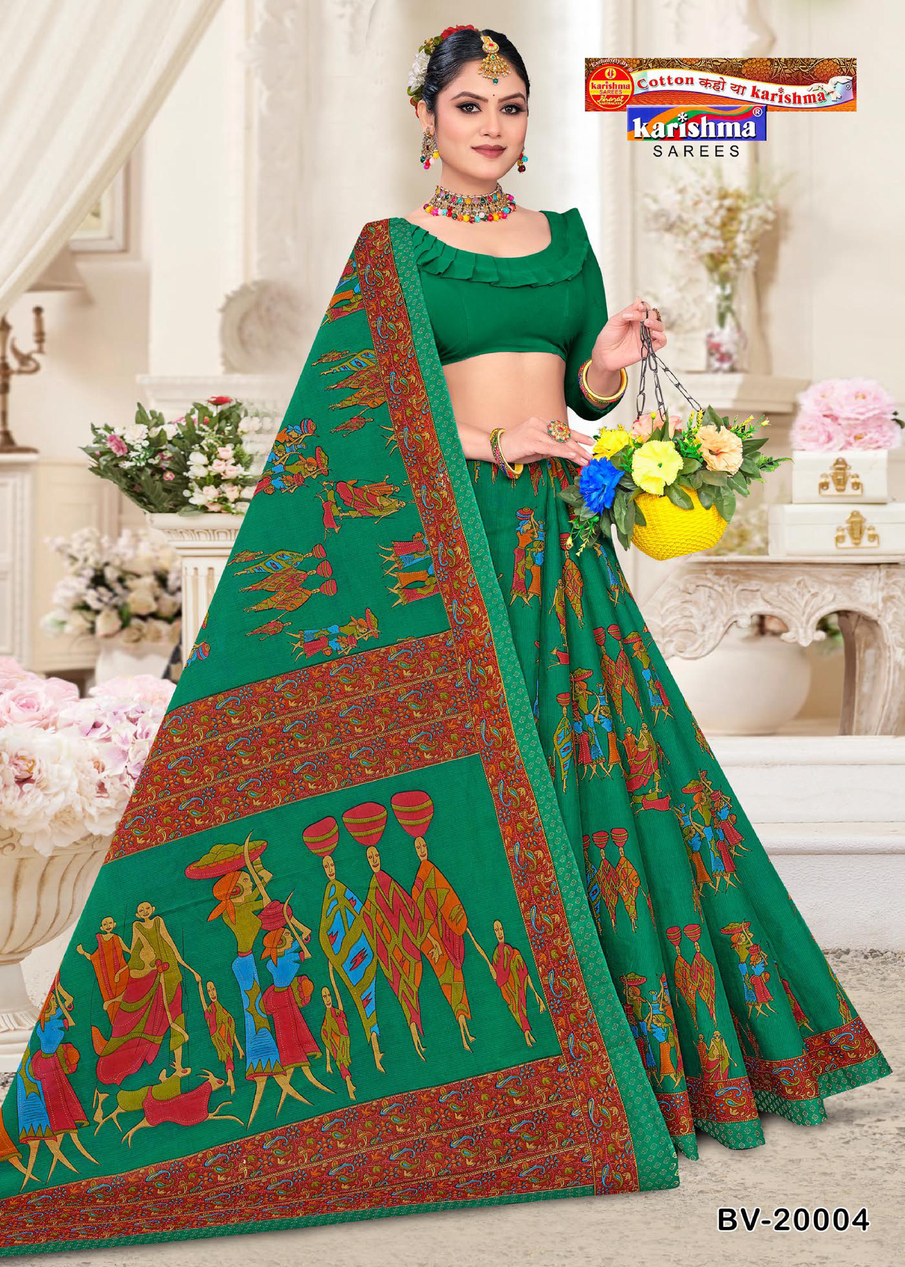Green Pure Cotton Mulmul (Stiff) Saree With Figure Print Allover The Saree