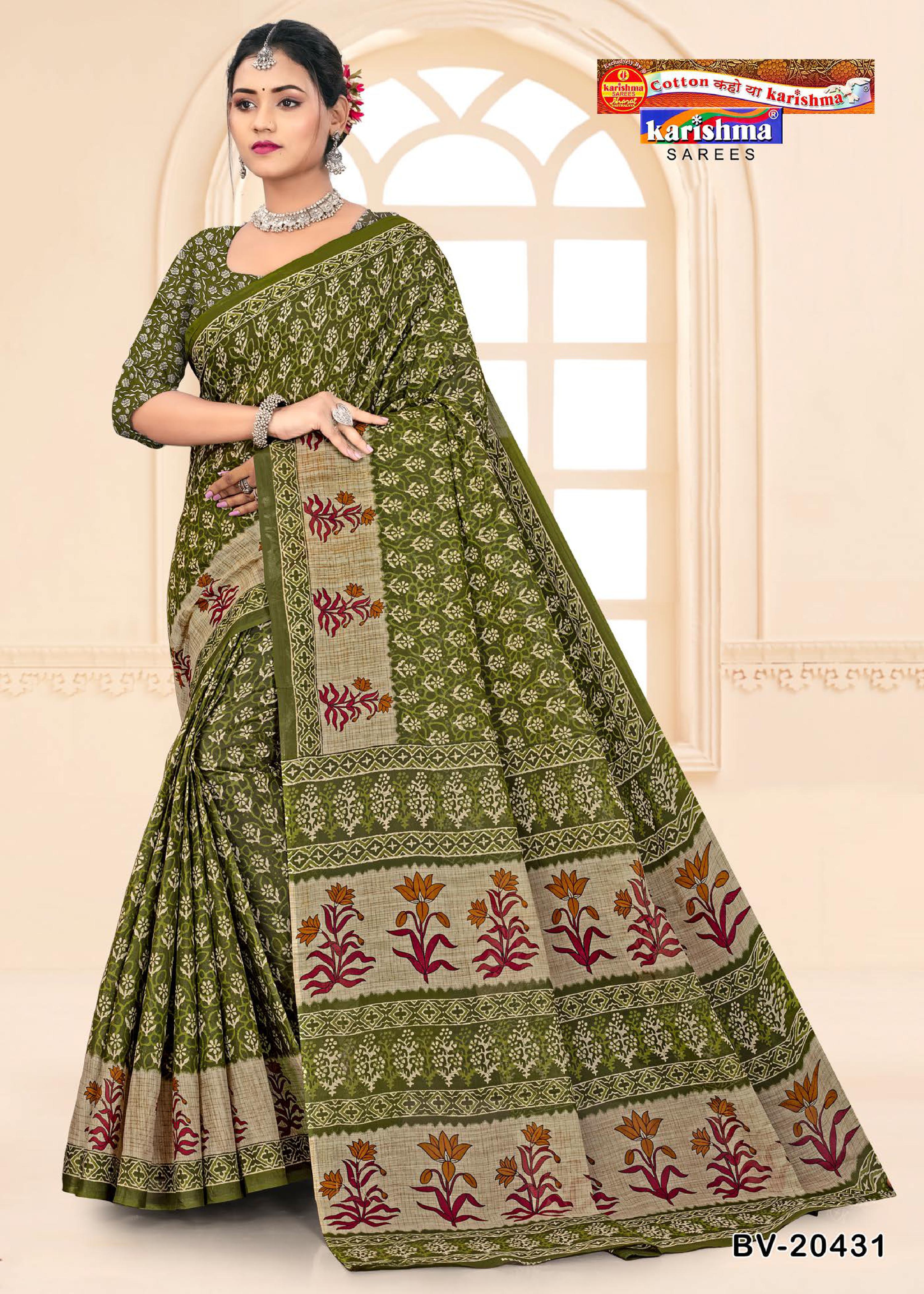 Olive Pure Cotton Mulmul (Medium Soft) Saree With Beautiful Floral Print Allover