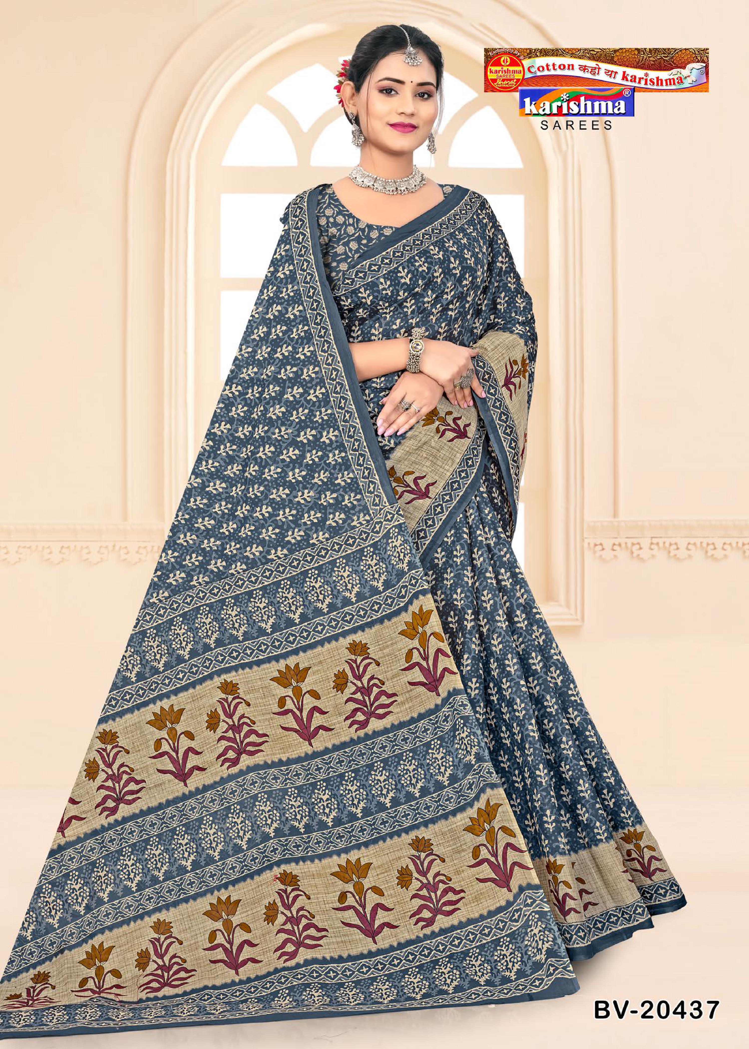 Blue Pure Cotton Mulmul (Medium Soft) Saree With Beautiful Floral Print Allover