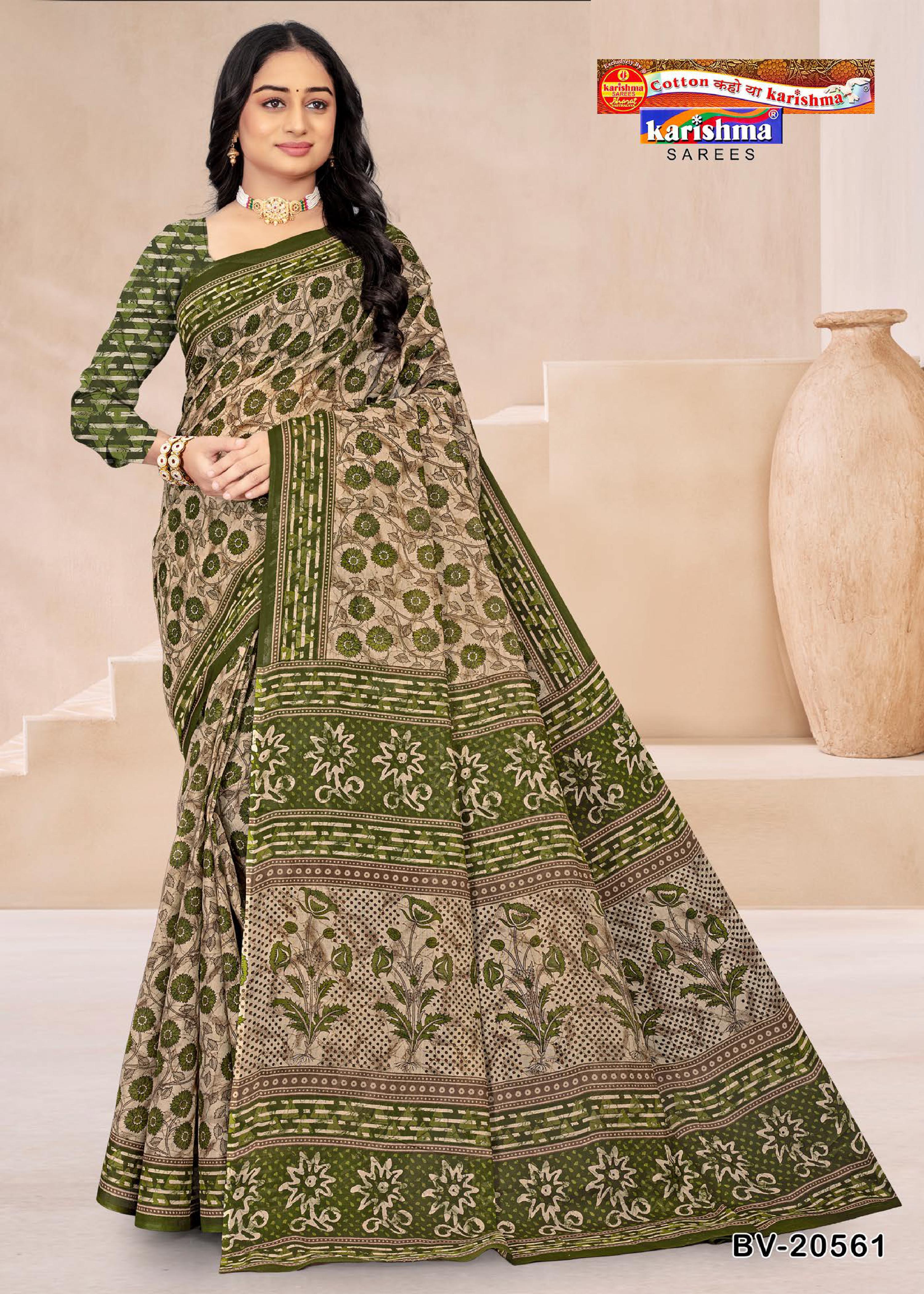 Mehandi green Pure Cotton Mulmul (medium Soft) Saree With Beautiful Floral Design