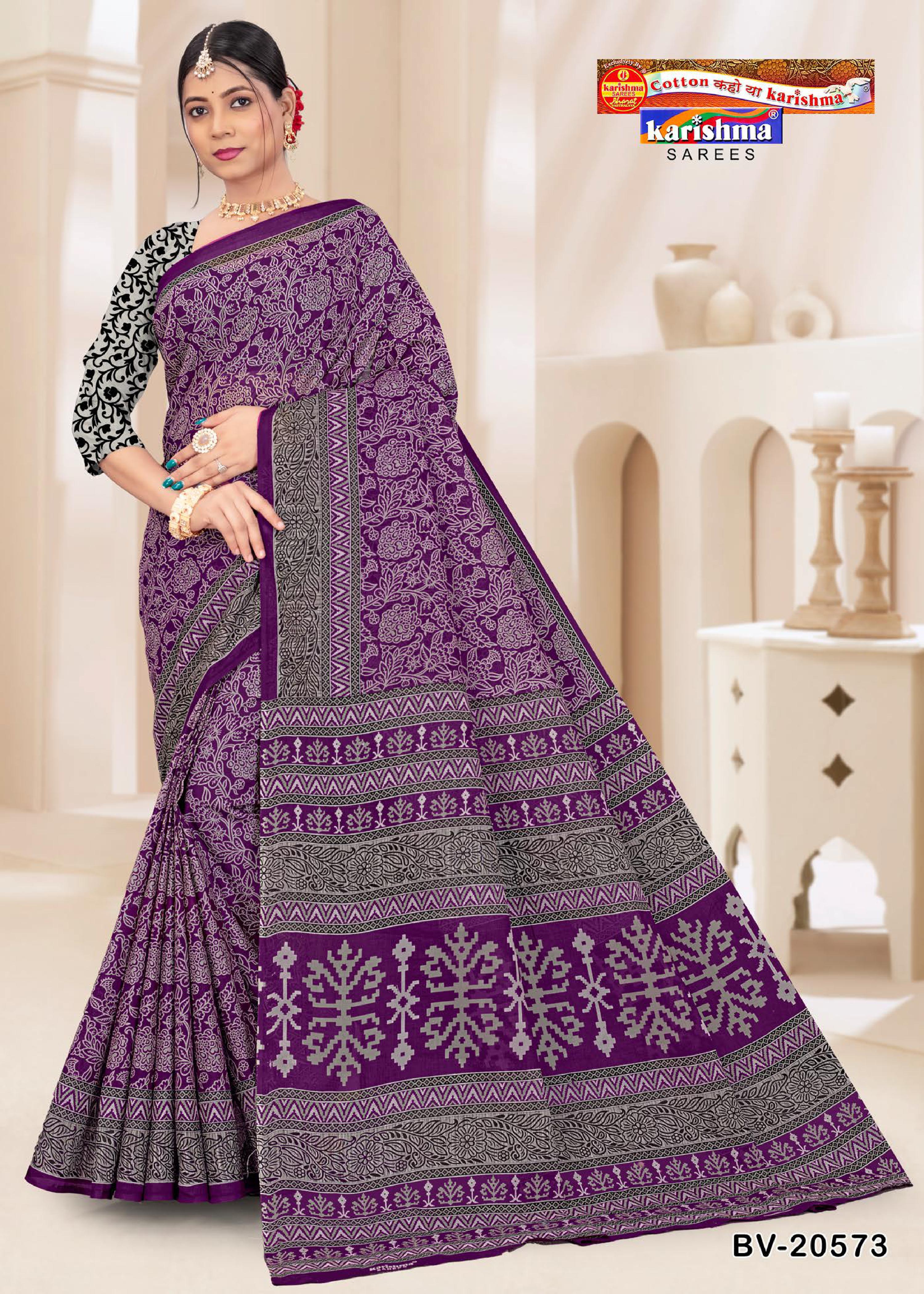 Purple Pure Cotton Mulmul (Medium Soft) Saree With Floral Print And Modern Border