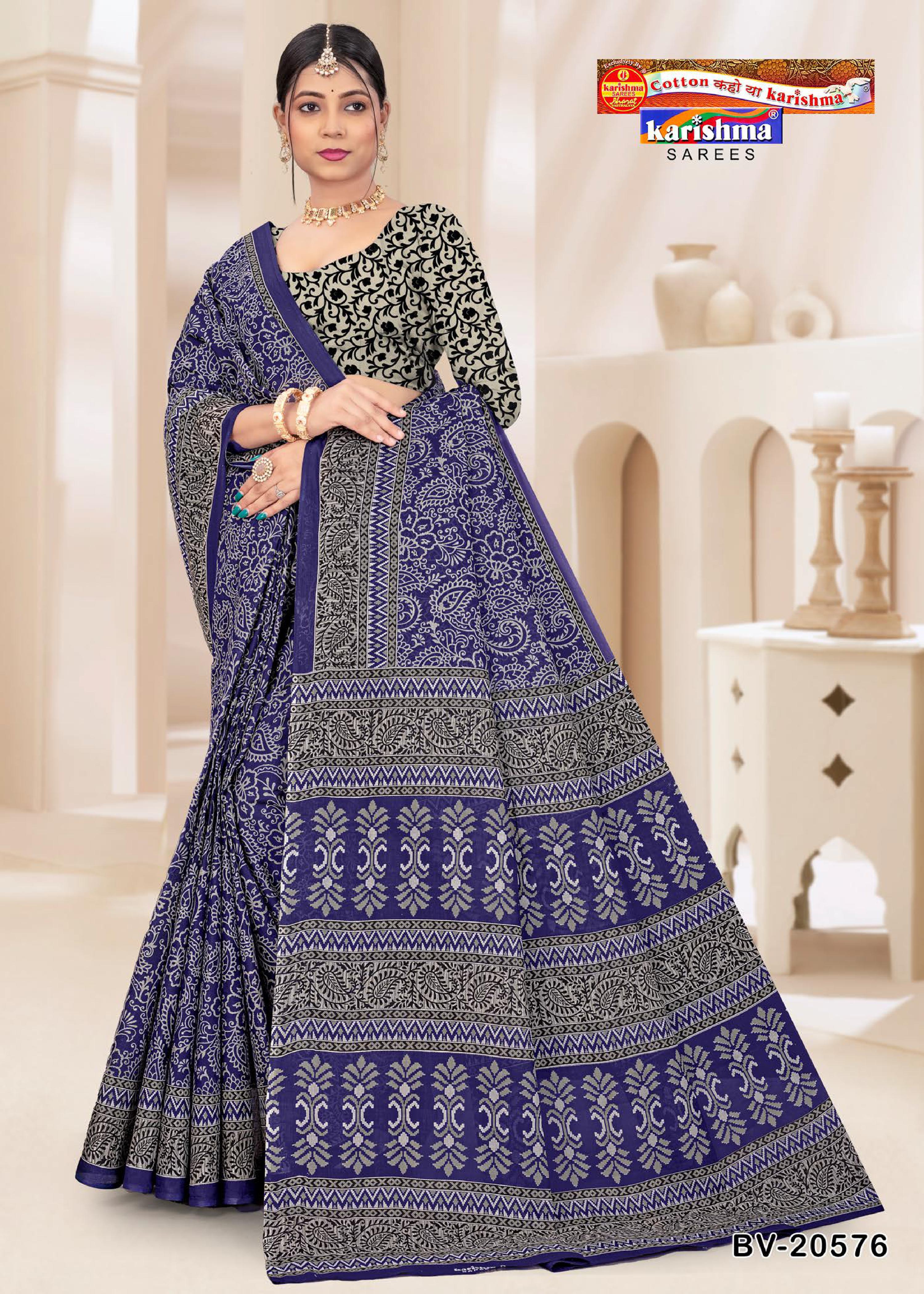 Navy Blue Pure Cotton Mulmul (Medium Soft) Saree With Floral Print And Modern Border