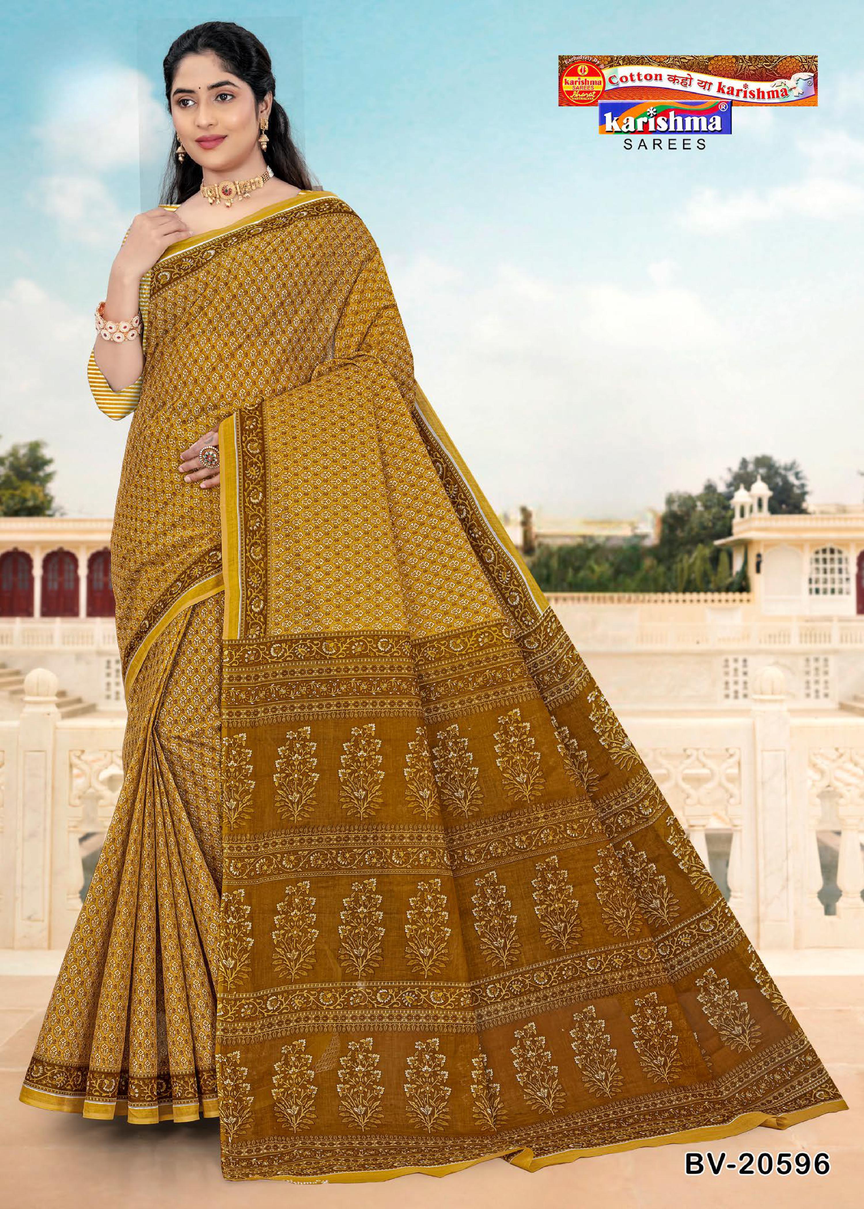Yellow Pure Cotton Mulmul (Medium Soft) Saree With Traditional Print