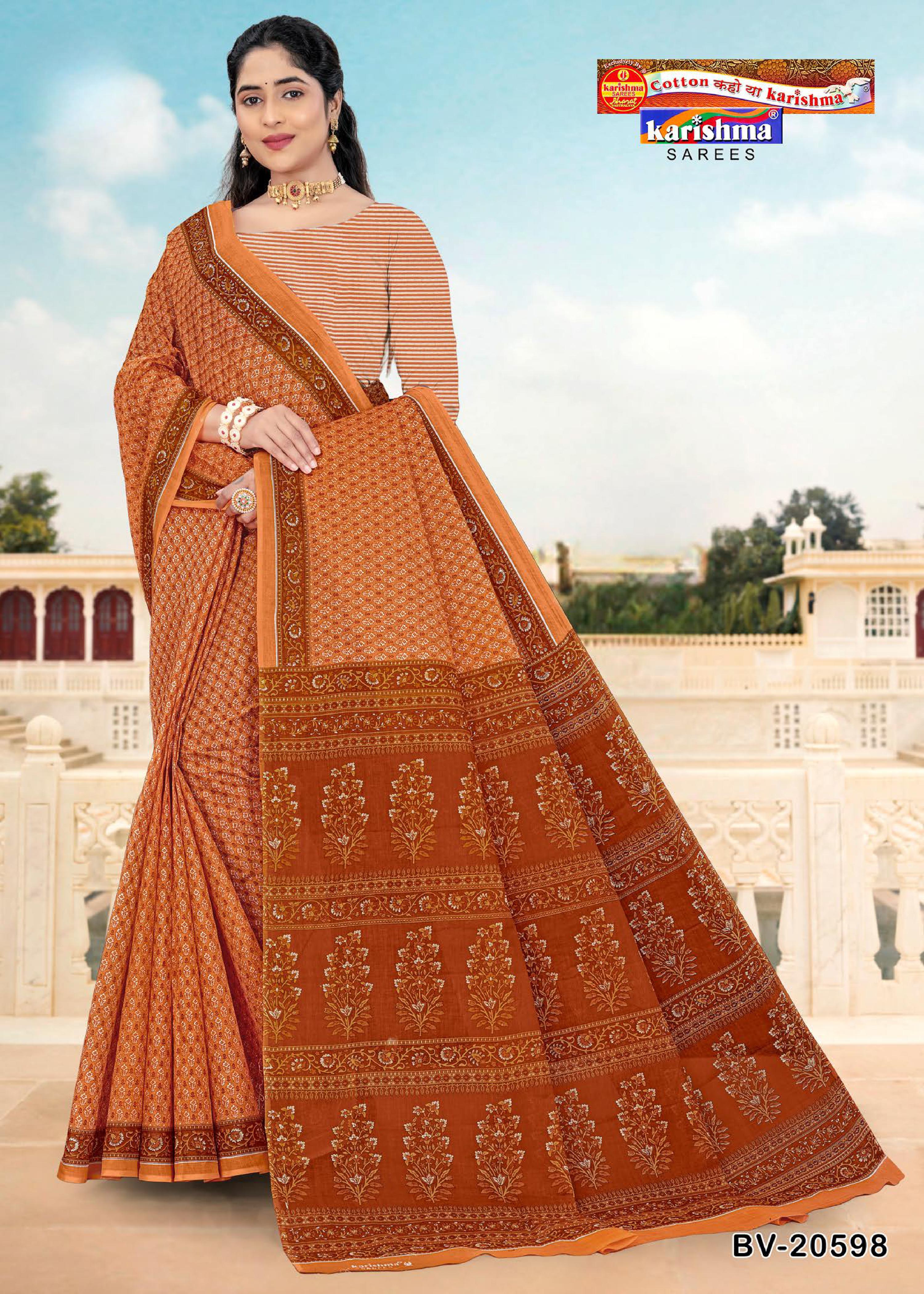 Brown Pure Cotton Mulmul (Medium Soft) Saree With Traditional Print