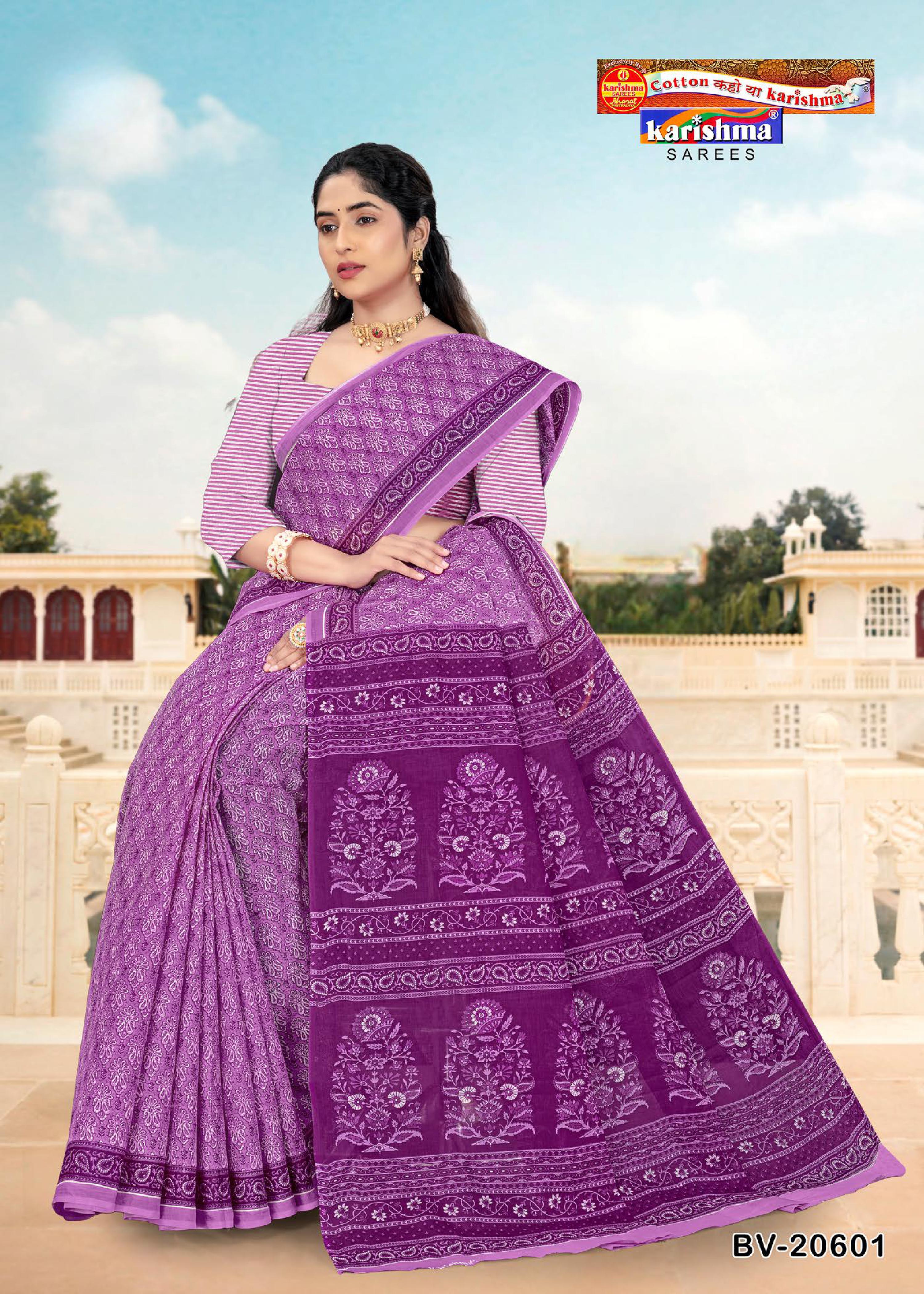 Purple Pure Cotton Mulmul (Medium Soft) Saree With Traditional Print