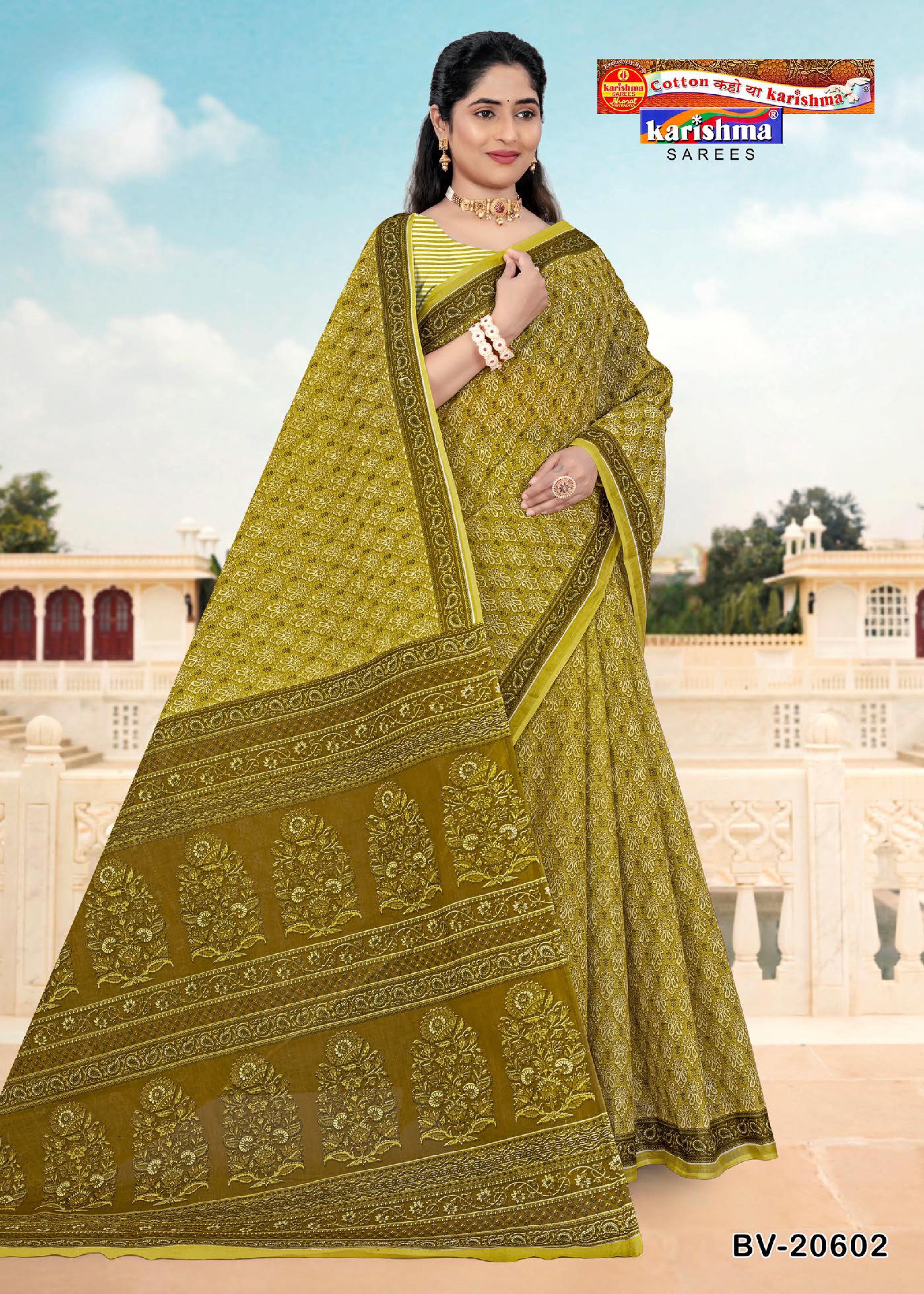 Olive Pure Cotton Mulmul (Medium Soft) Saree With Traditional Print