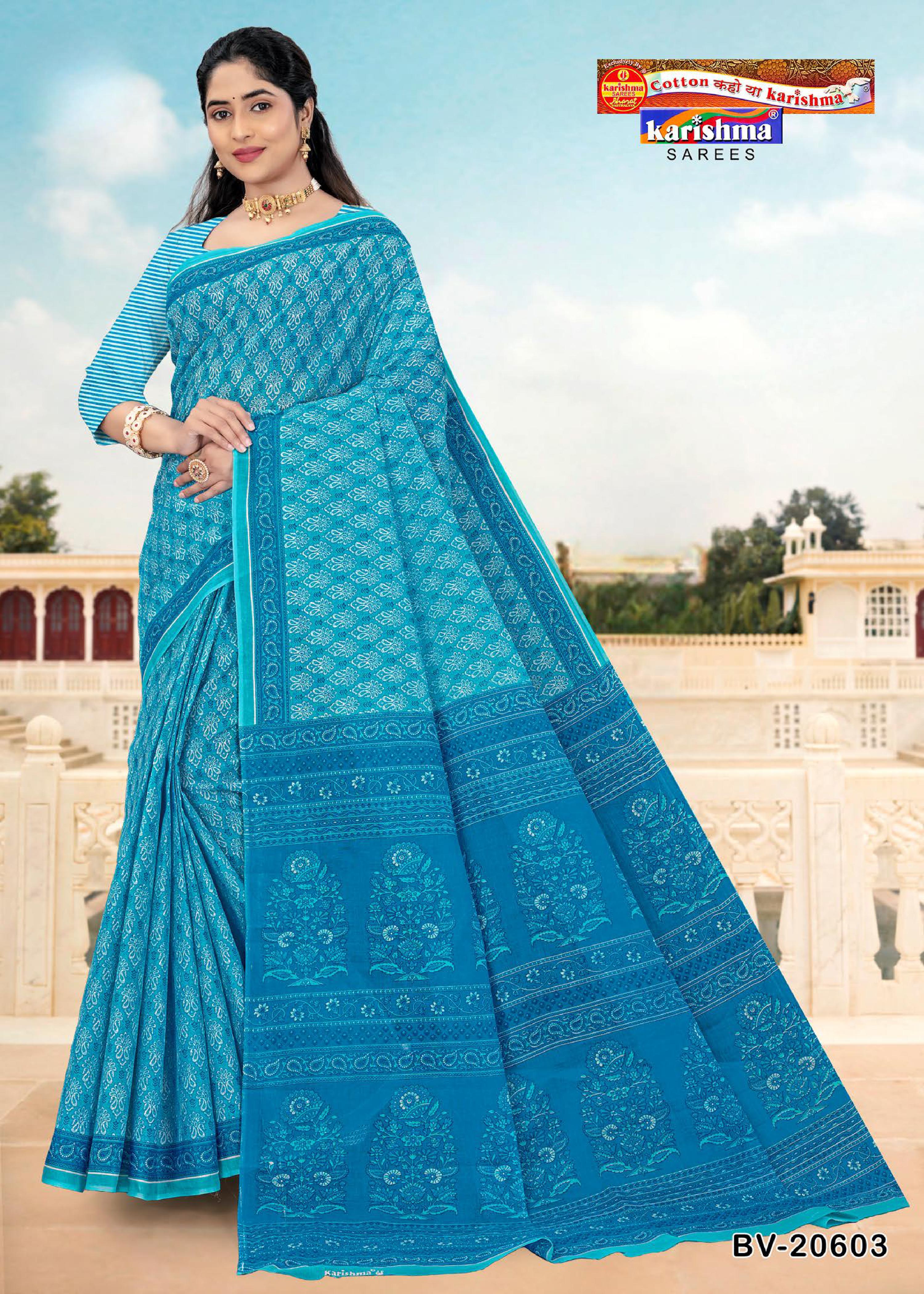 Sky Blue Pure Cotton Mulmul (Medium Soft) Saree With Traditional Print