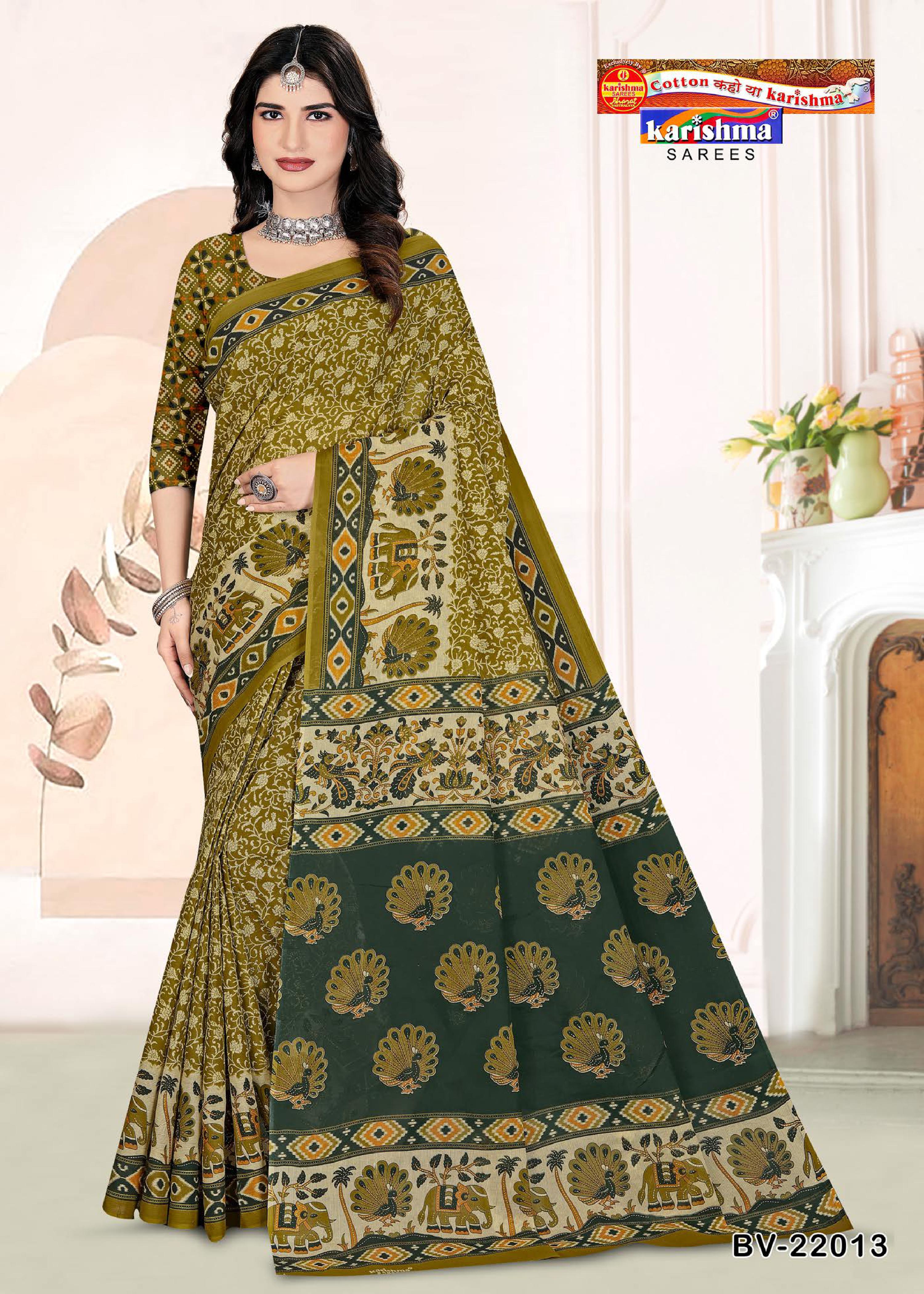 Olive Pure Cotton Mulmul (Medium Soft) Saree With Peacock and Elephant Print