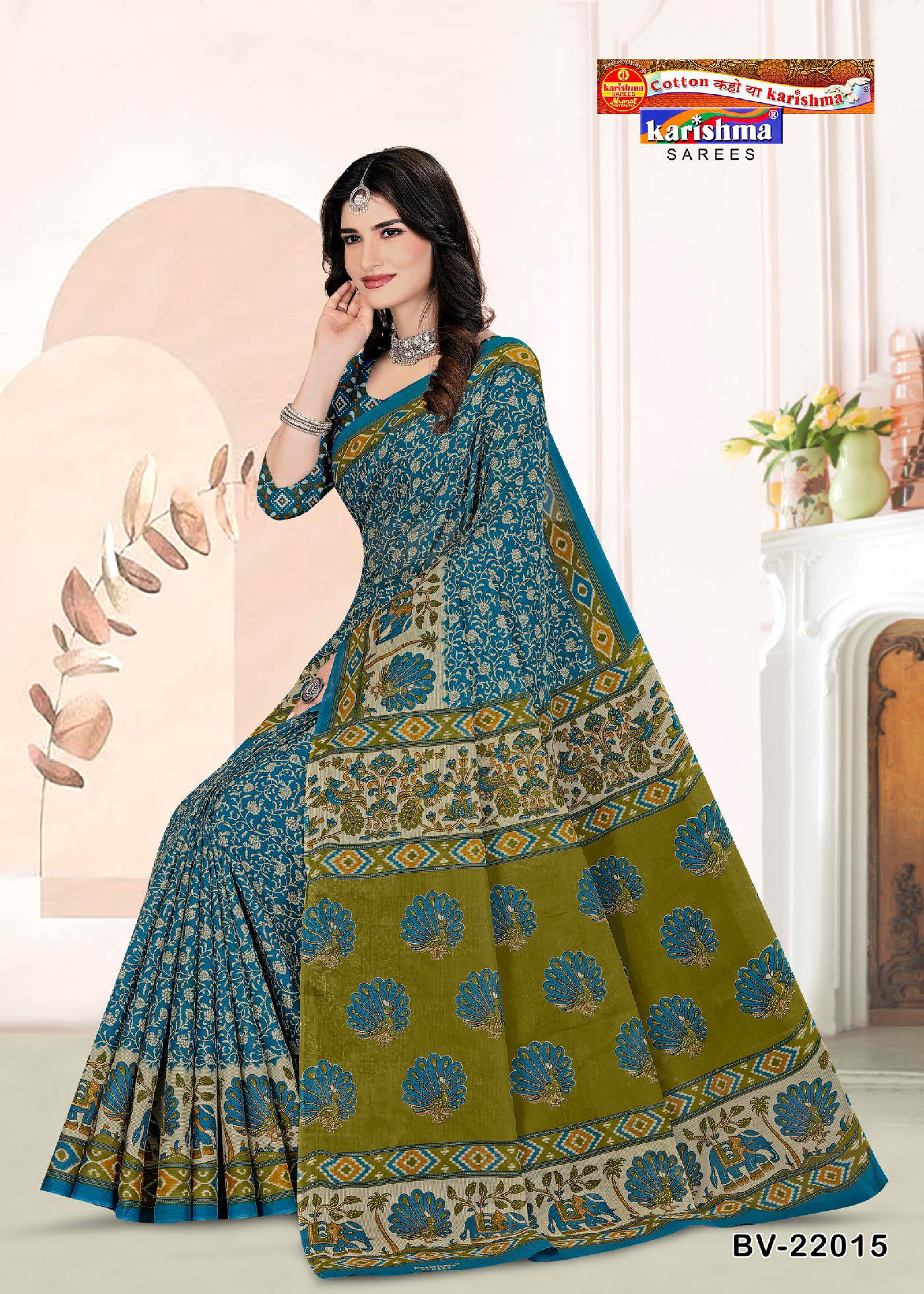 Blue Pure Cotton Mulmul (Medium Soft) Saree With Peacock and Elephant Print