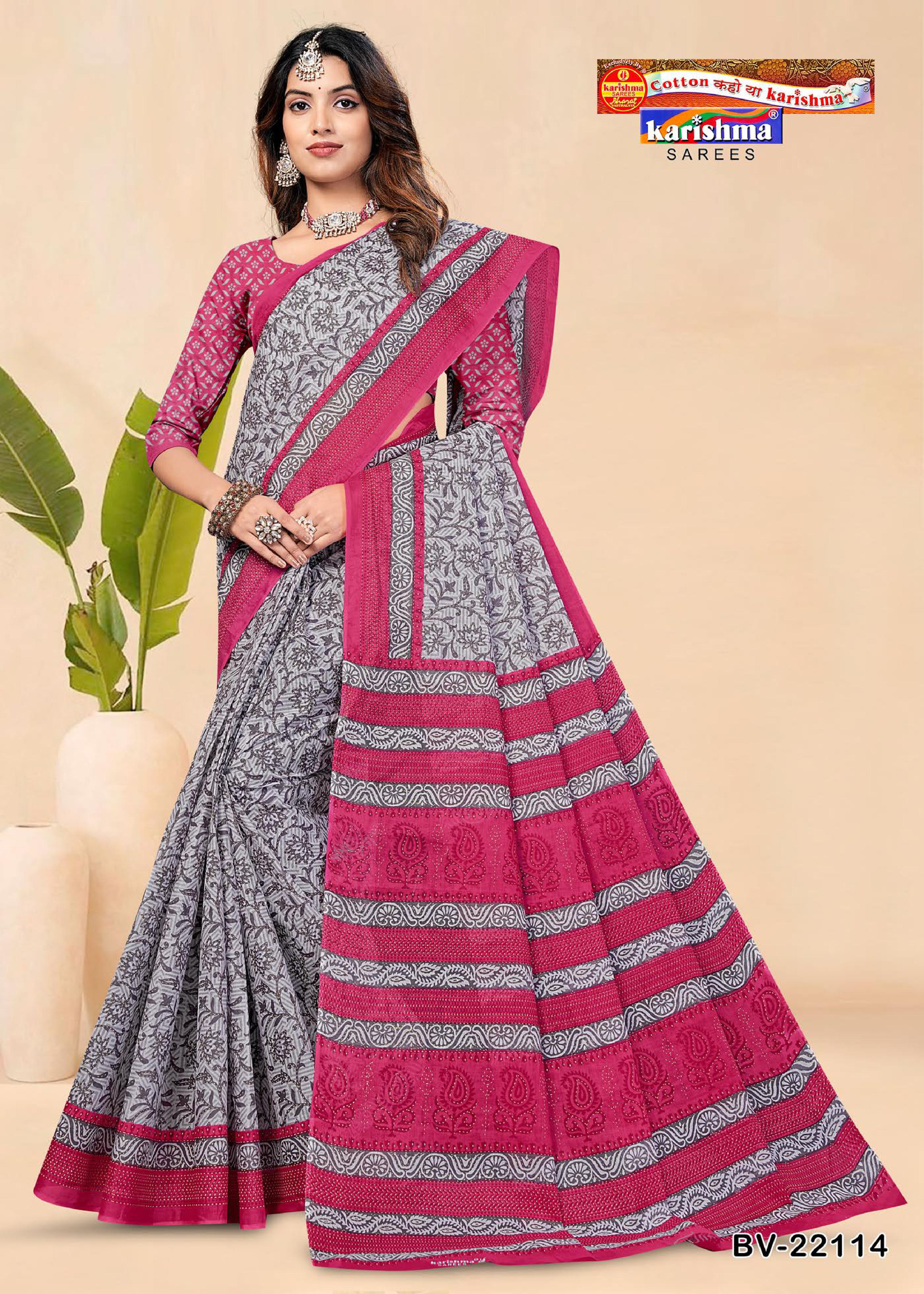 Grey And Pink Pure Cotton Mulmul (Stiff) Saree With Abstract Print