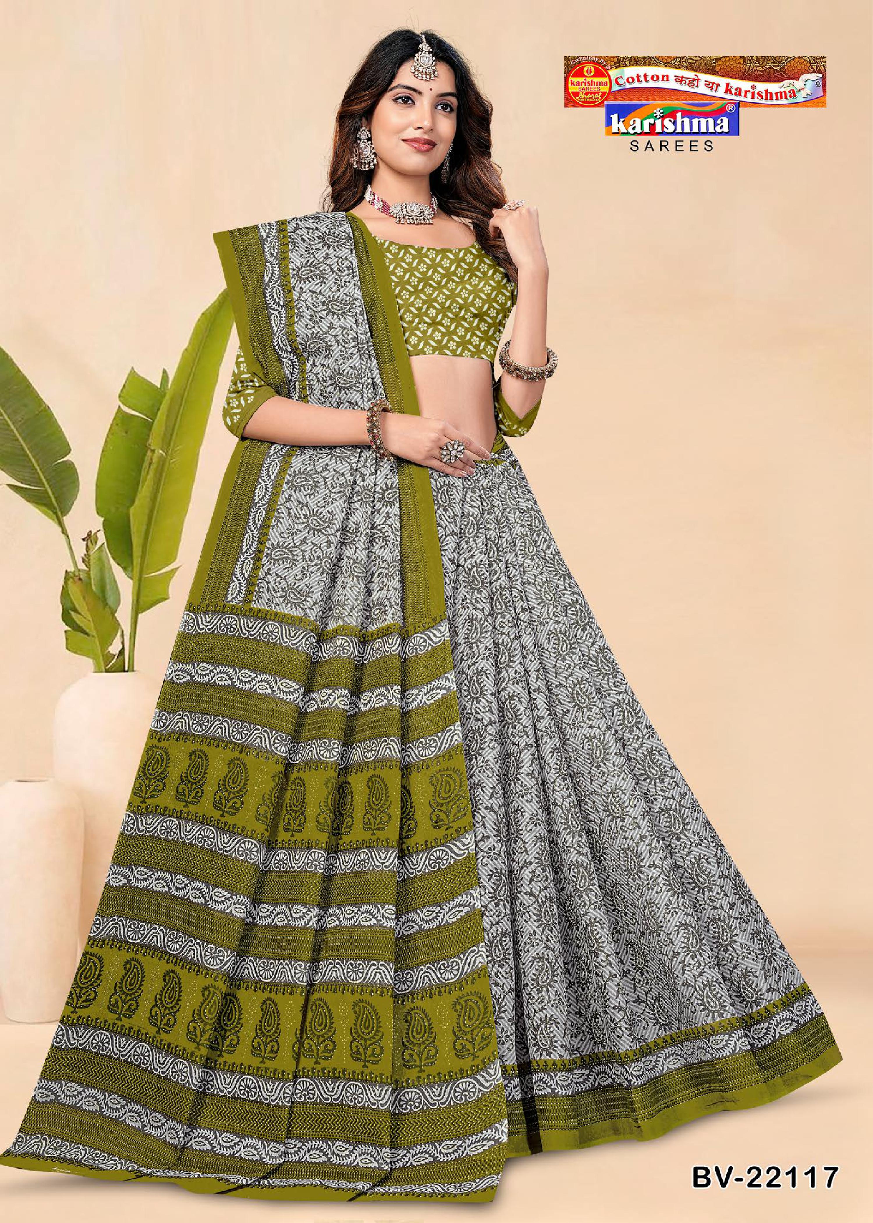 Grey And Olive Pure Cotton Mulmul (Stiff) Saree With Abstract Print