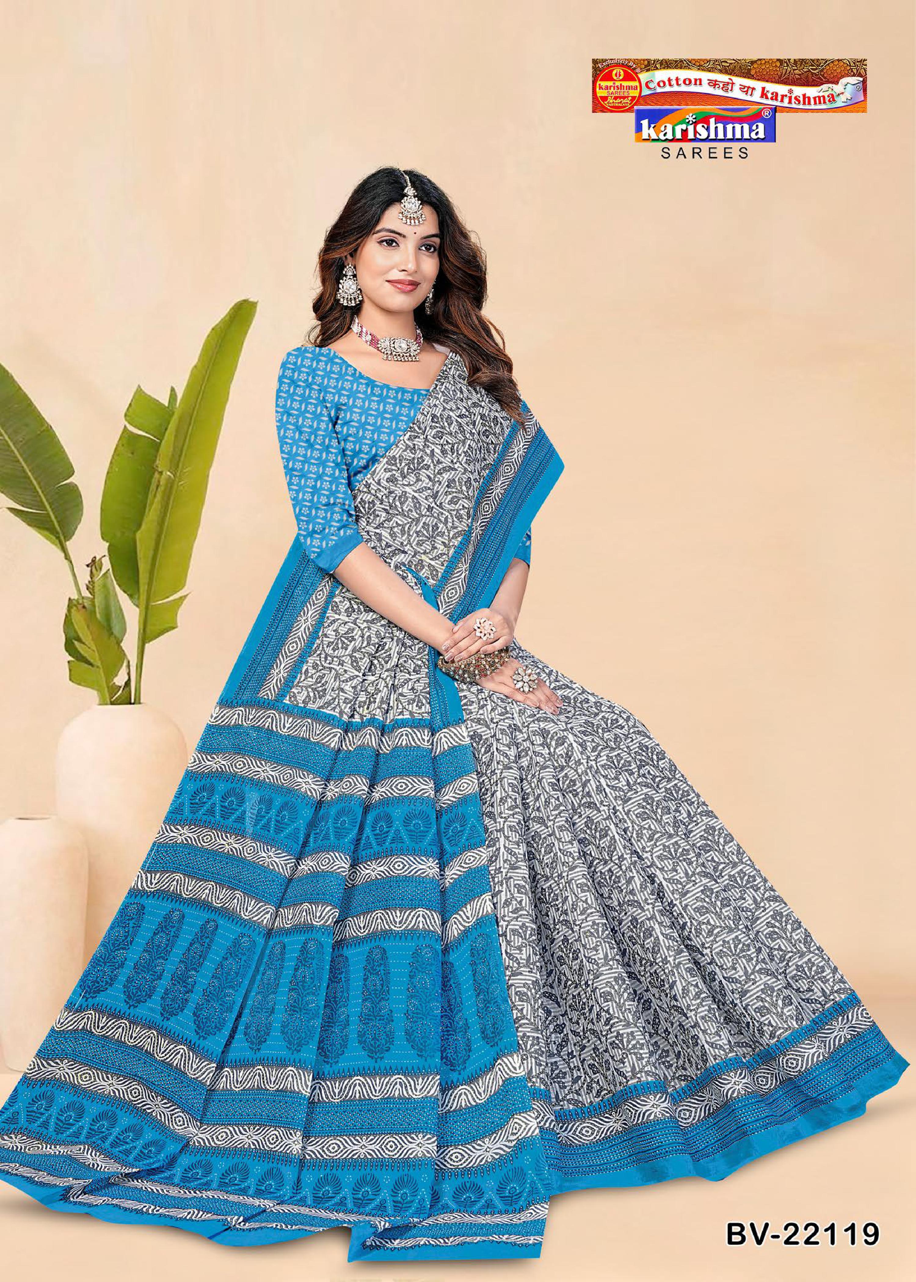 Grey And Blue Pure Cotton Mulmul (Stiff) Saree With Abstract Print