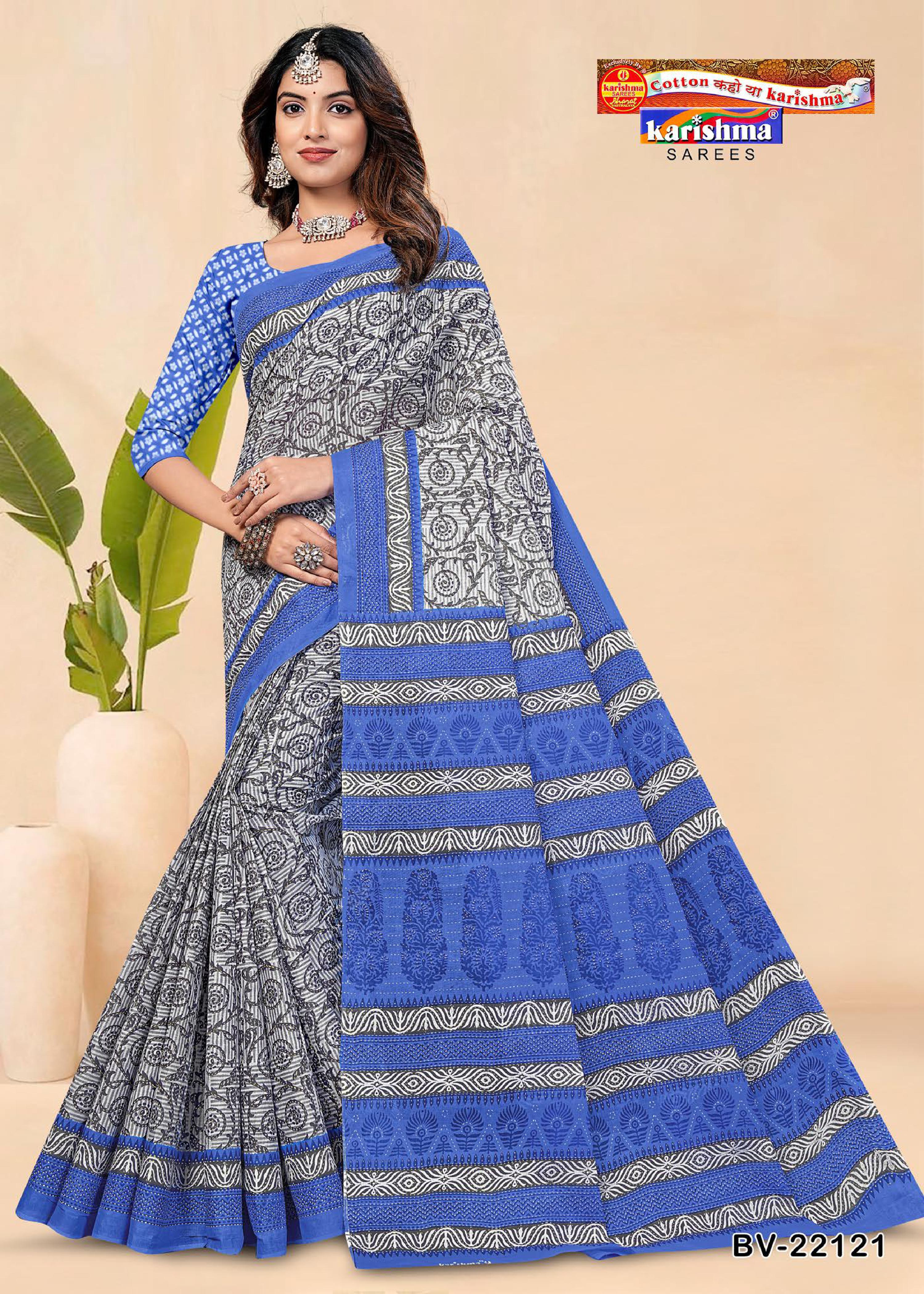 Grey And Navy Blue Pure Cotton Mulmul (Stiff) Saree With Abstract Print