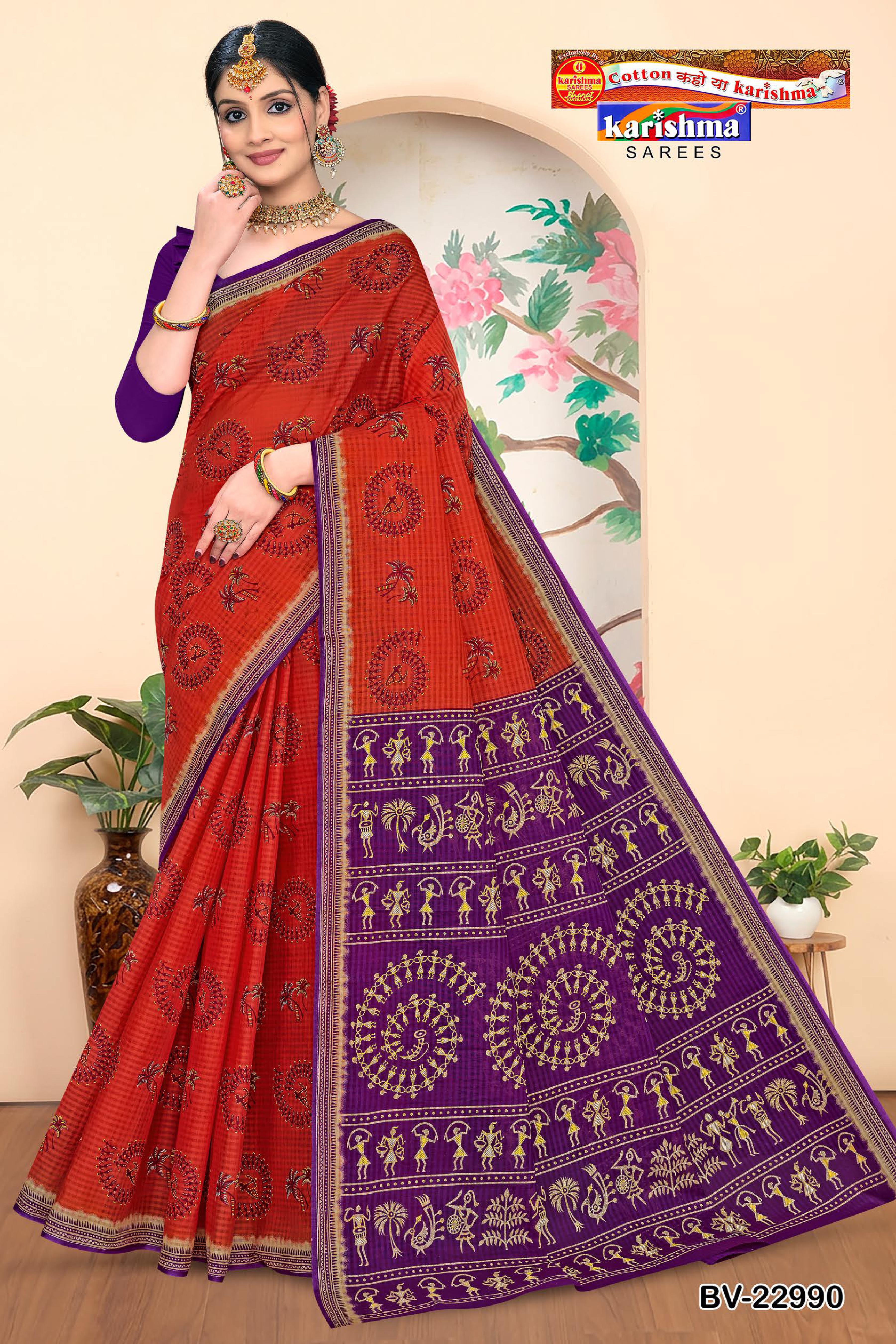 Red Pure Cotton Mulmul (Stiff) Saree With Warli Design