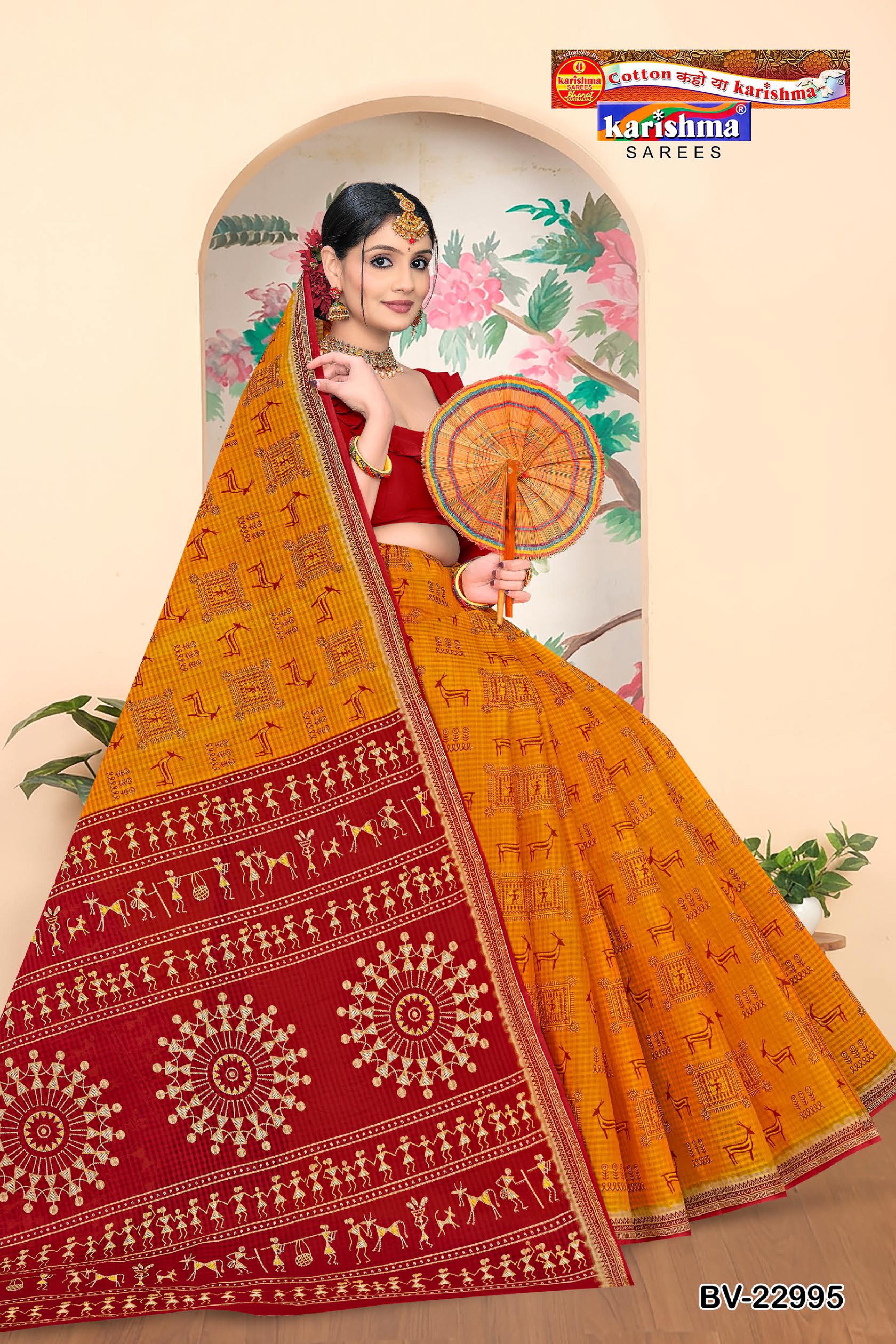 Yellow Pure Cotton Mulmul (Stiff) Saree With Warli Design