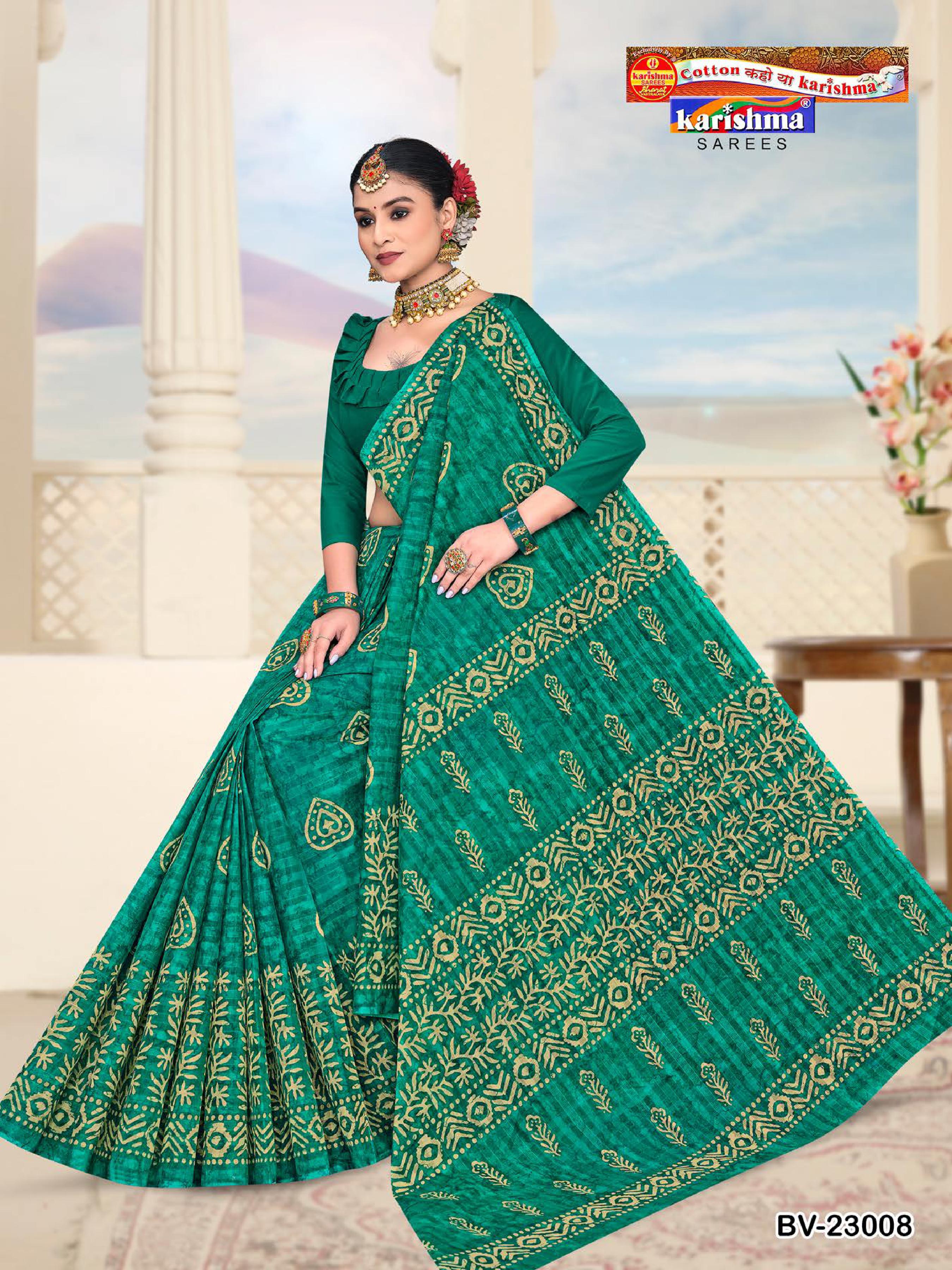 Green Pure Cotton Mulmul (Stiff) Saree With Traditional Batik Print