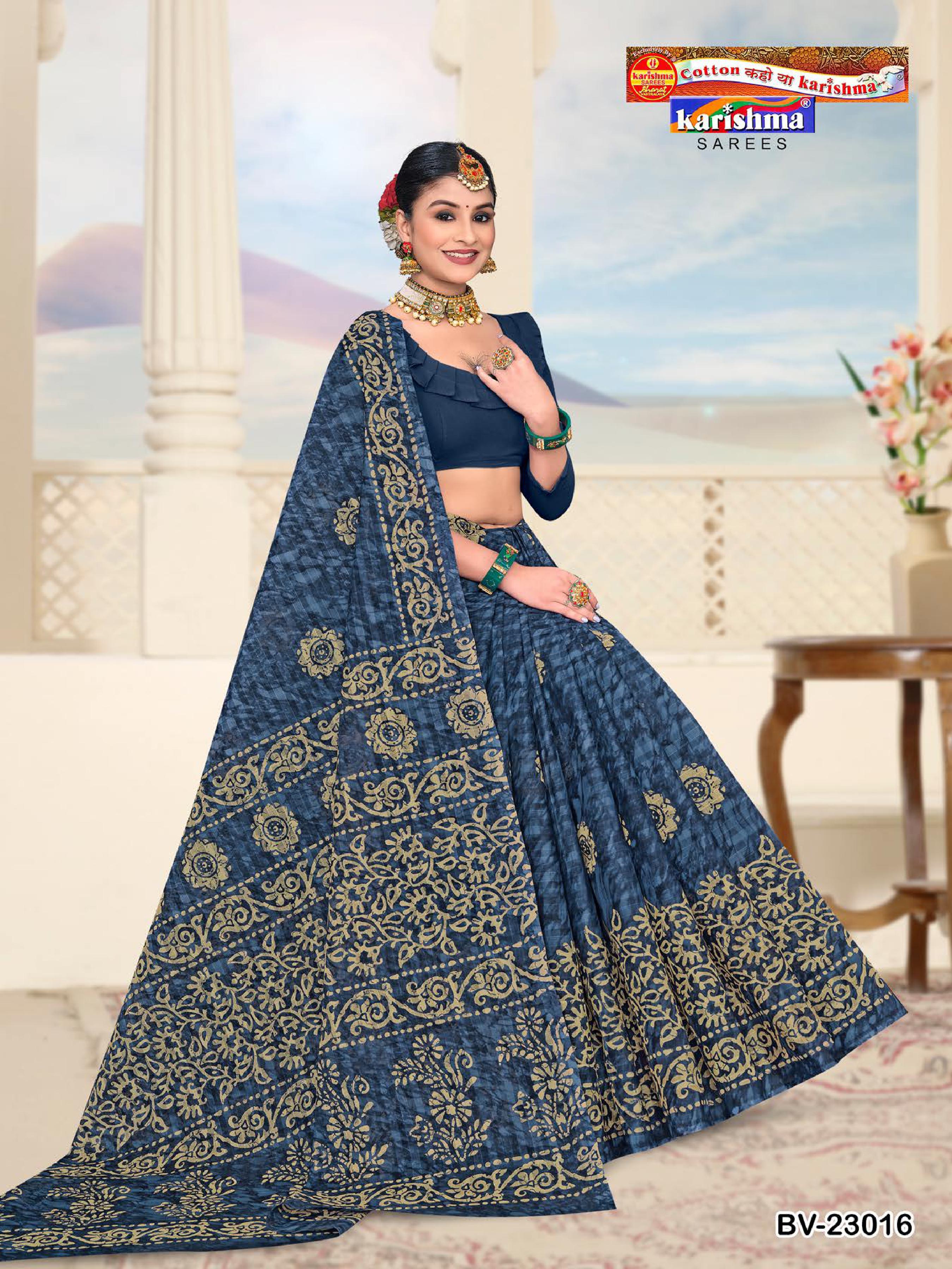 Navy Blue Pure Cotton Mulmul (Stiff) Saree With Traditional Batik Print