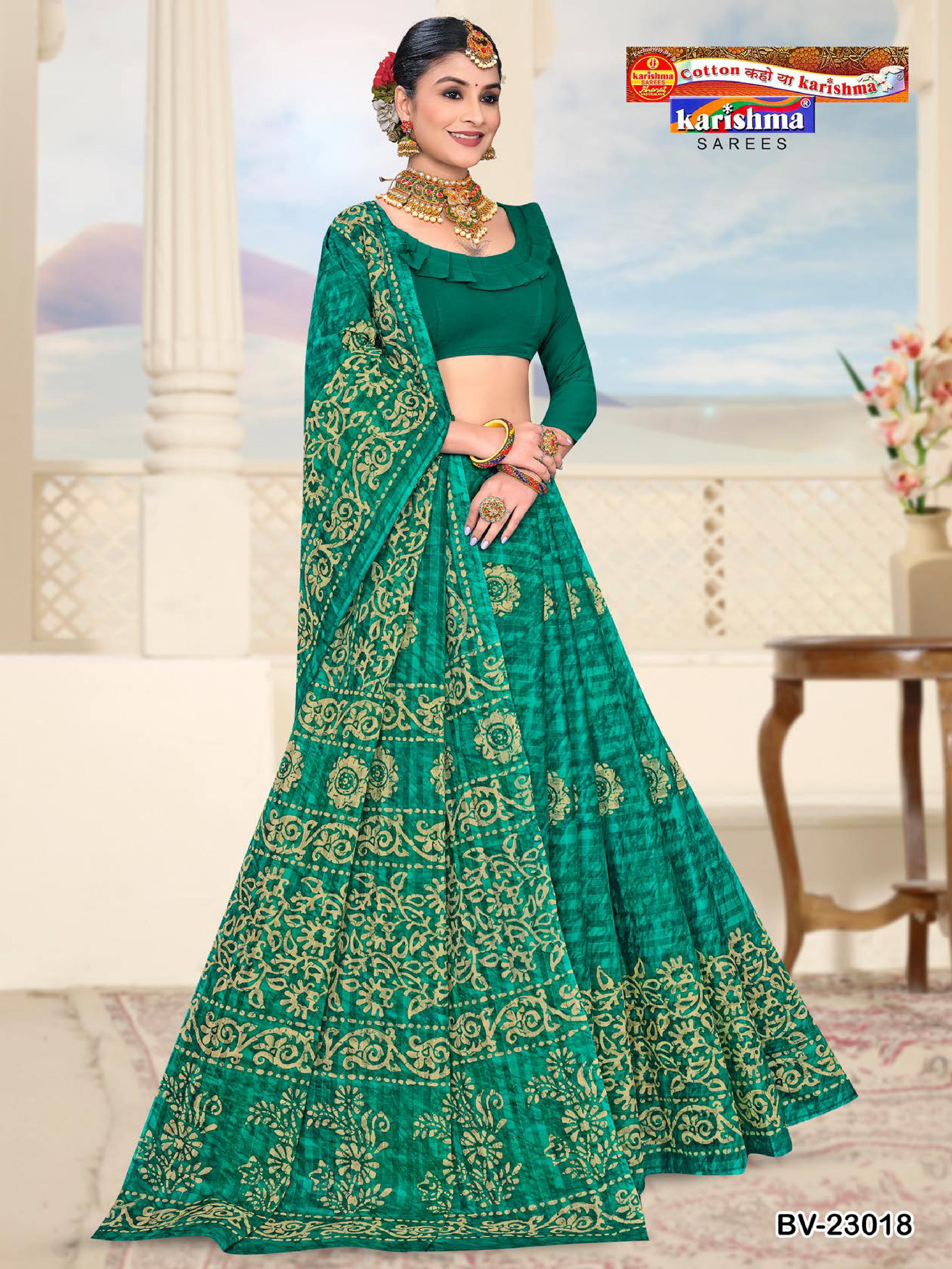 Green Pure Cotton Mulmul (Stiff) Saree With Traditional Batik Print