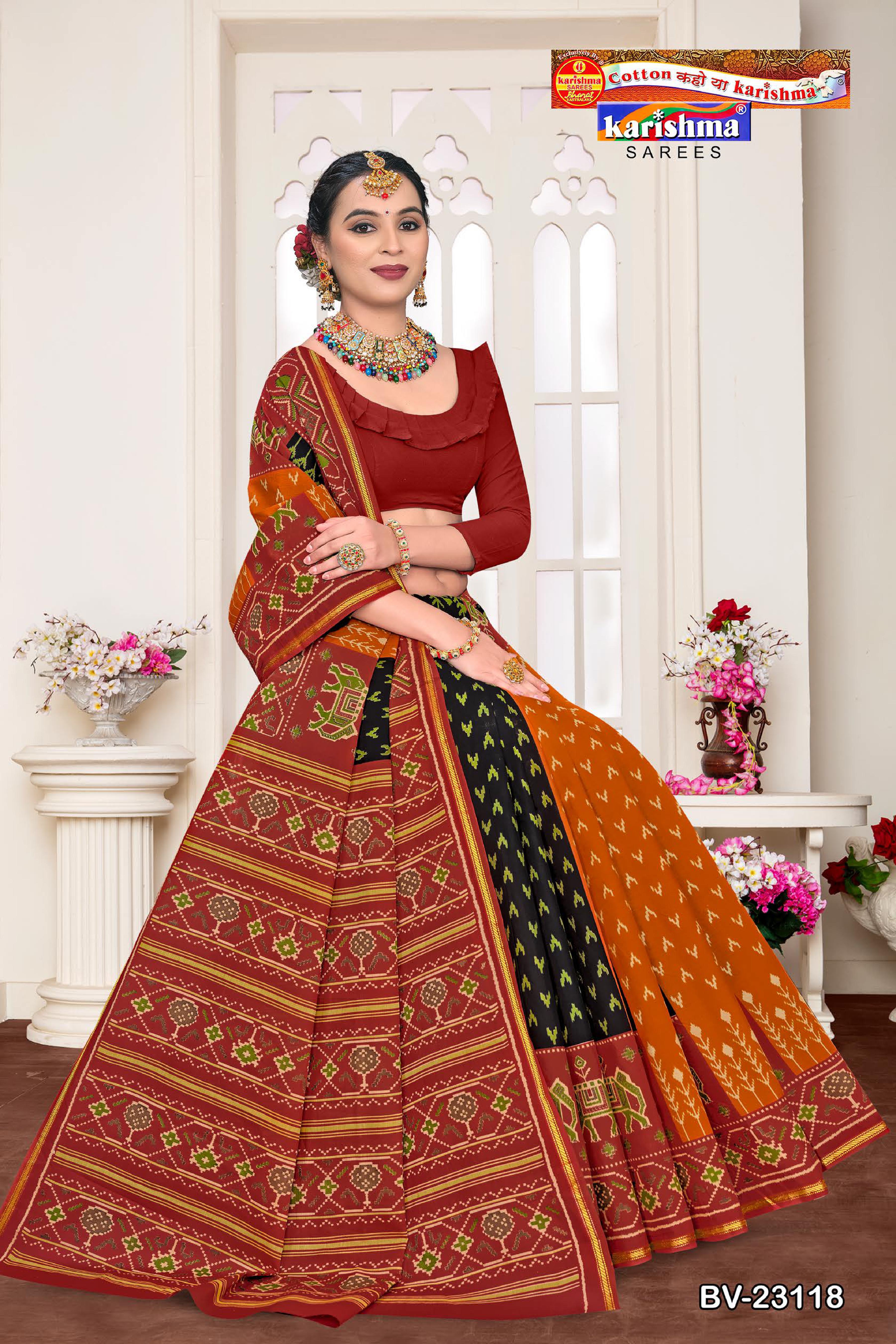 Maroon And Orange And Balck Pure Cotton Muslin (Soft) Saree With Beautiful Multiple Traditional Design