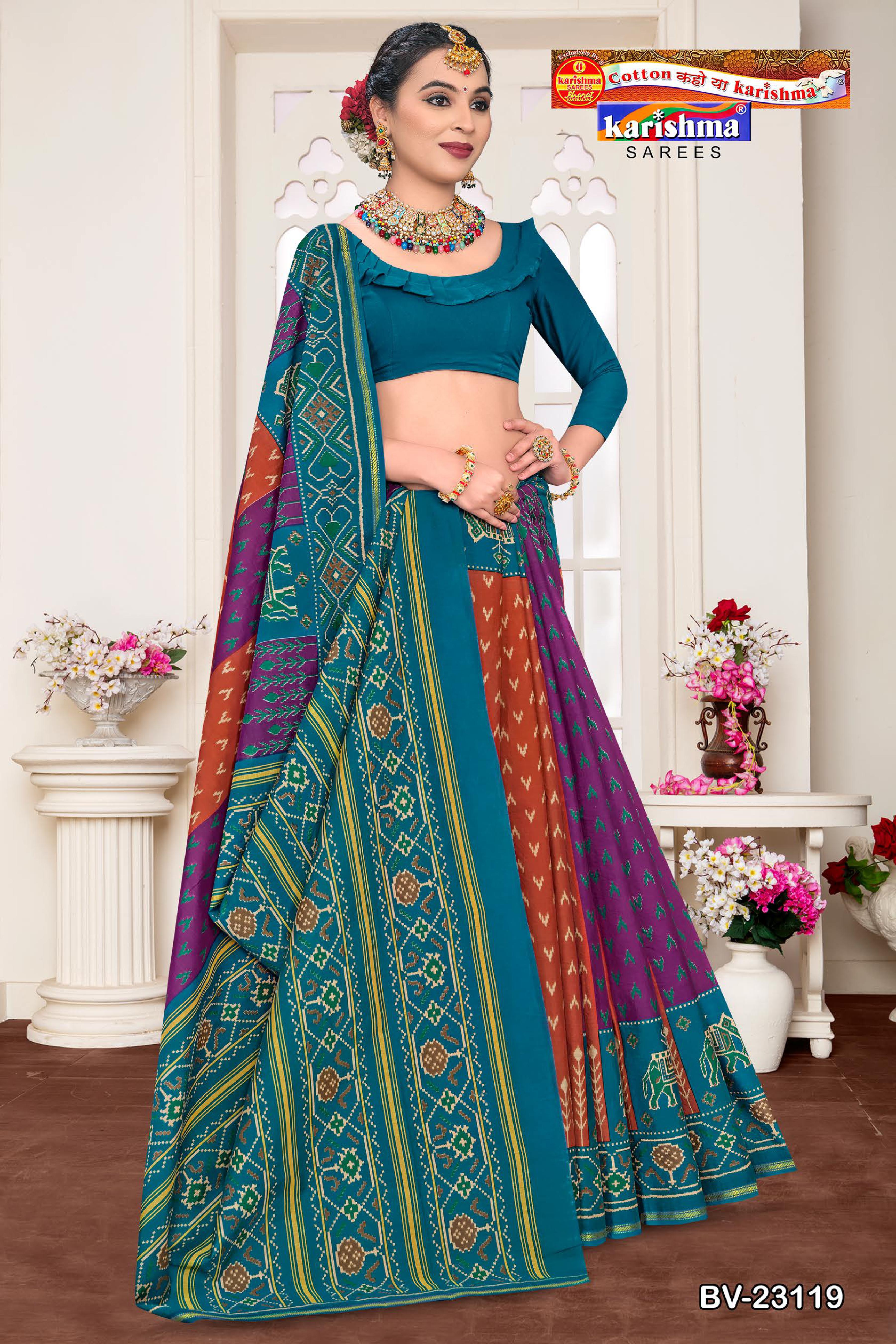 Teal And PurpleAnd Rust Orange Pure Cotton Muslin (Soft) Saree With Beautiful Multiple Traditional Design