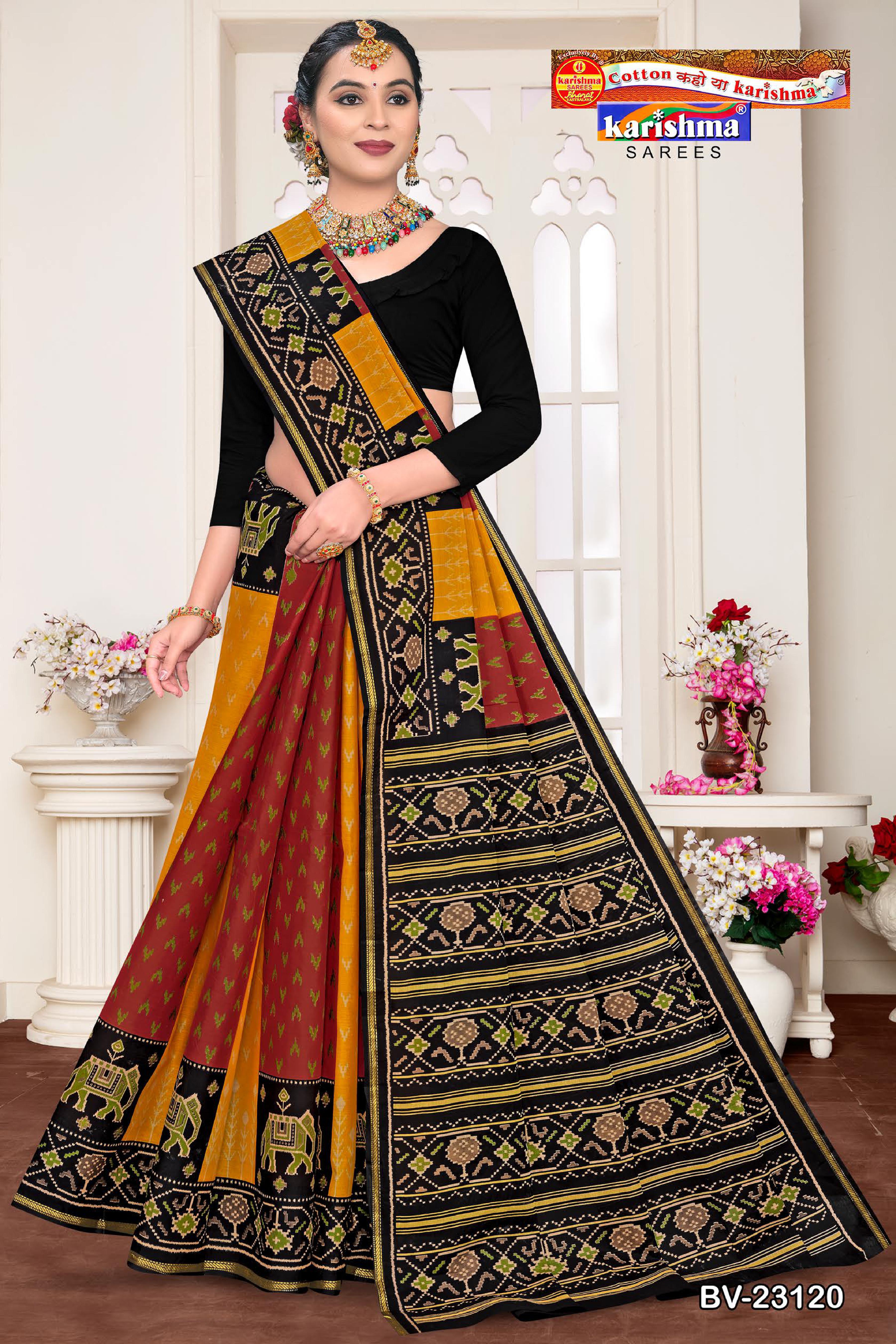 Yellow And Red And Black Pure Cotton Muslin (Soft) Saree With Beautiful Multiple Traditional Design