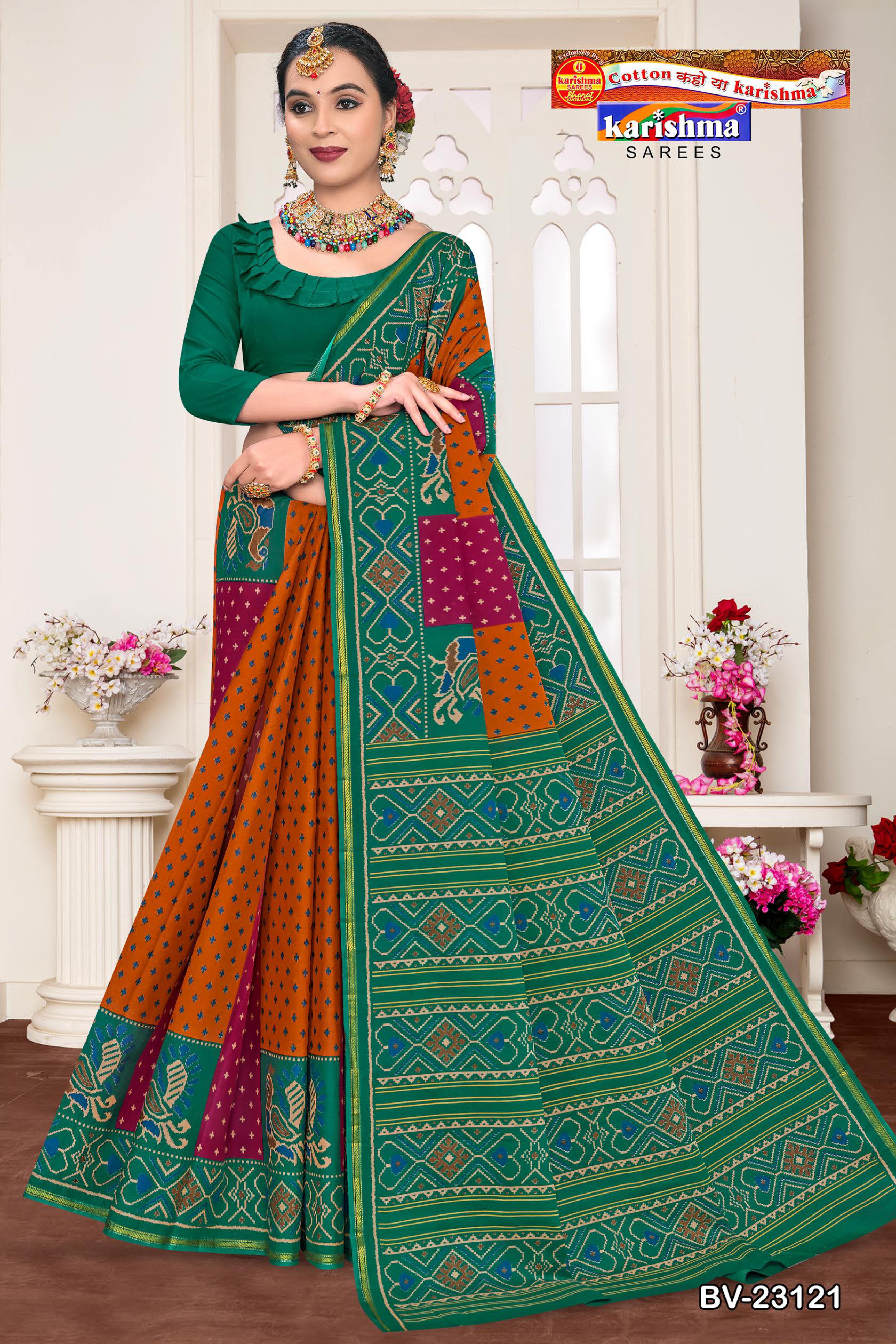 Green And Orange And Wine Pure Cotton Muslin (Soft) Saree With Beautiful Multiple Traditional Design