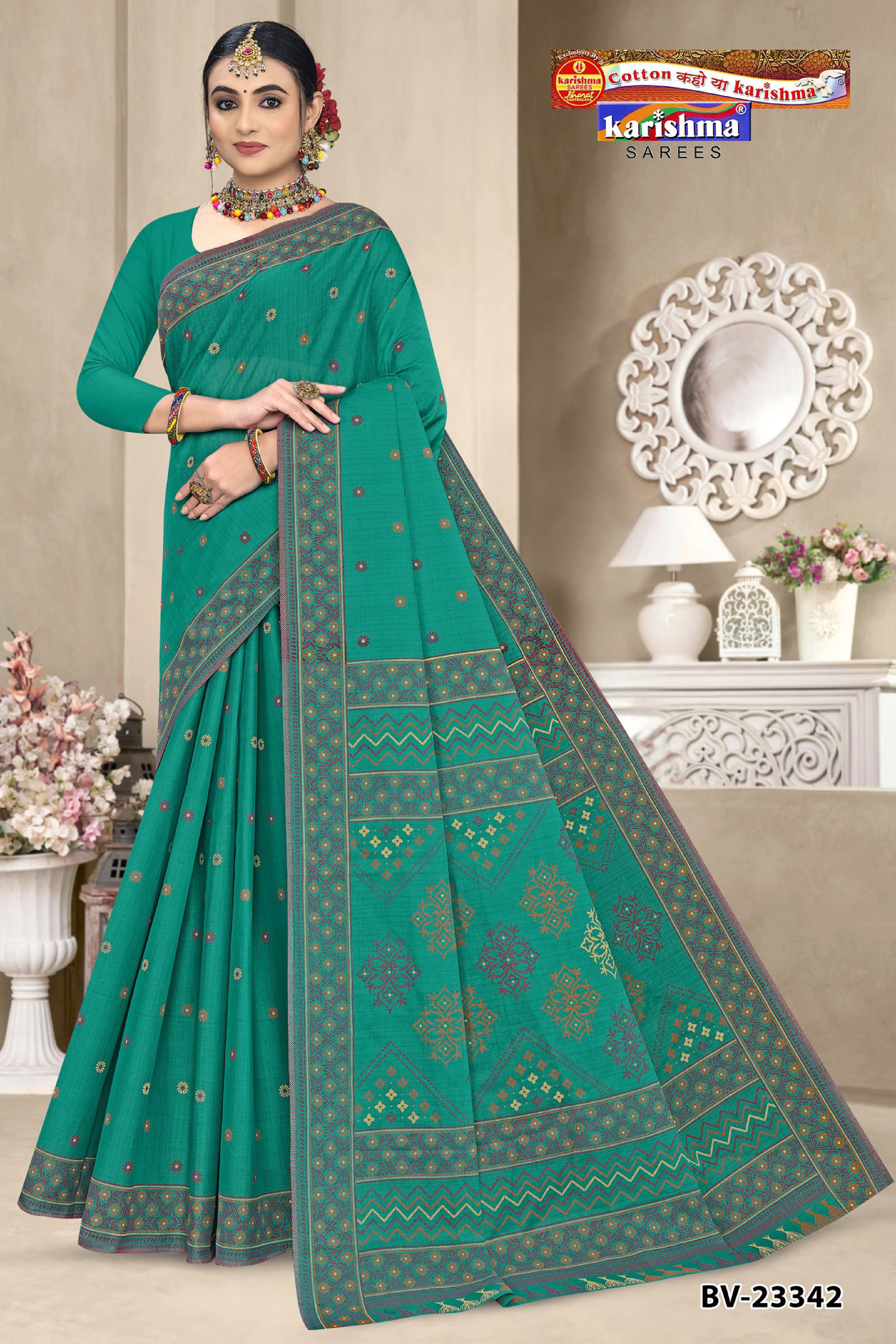 Teal Green Pure Cotton Mulmul (Medium Soft) Saree with Delicate Floral Design