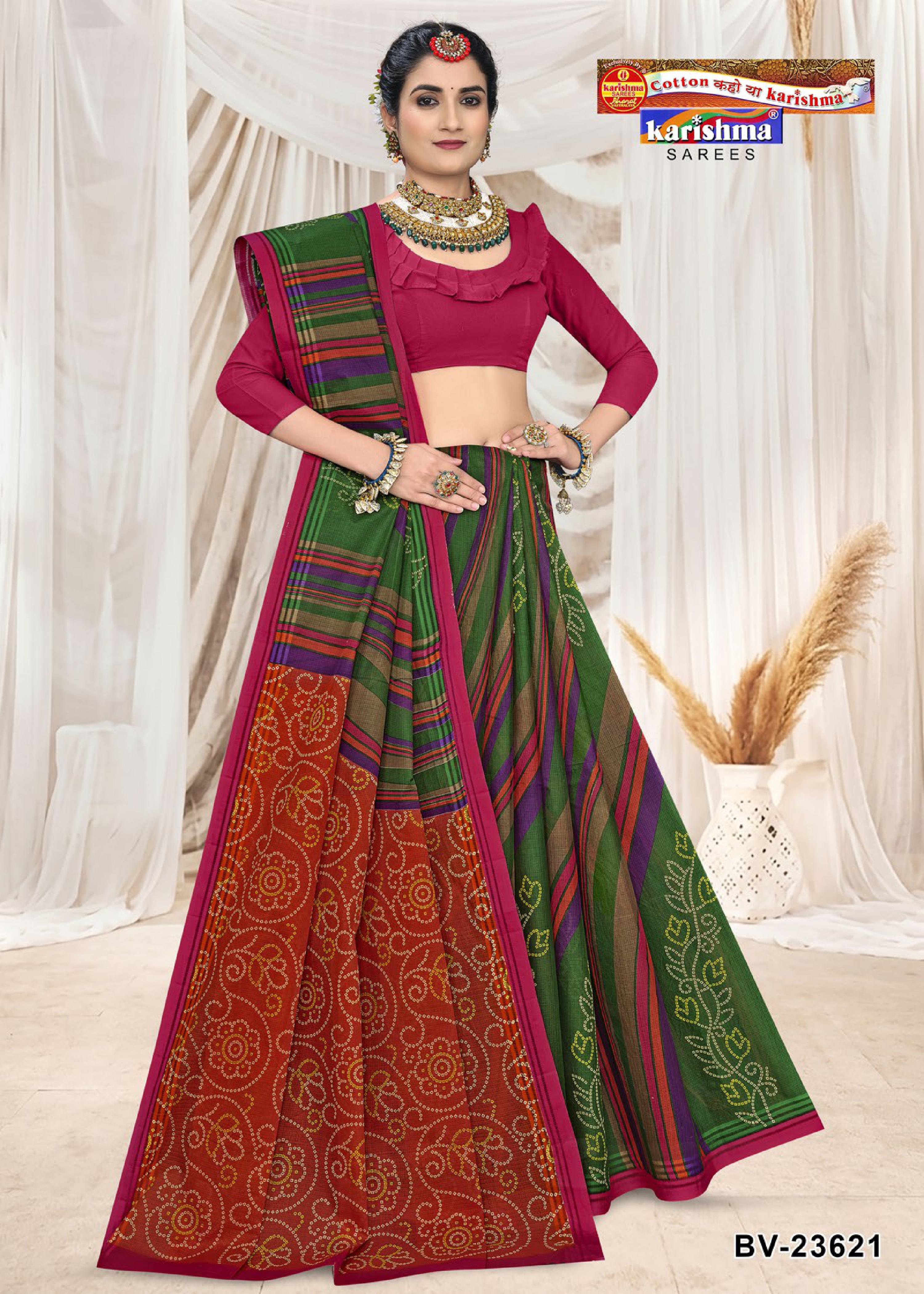 Green Pure Cotton Mulmul (Stiff) Saree With Traditional Pattern Print