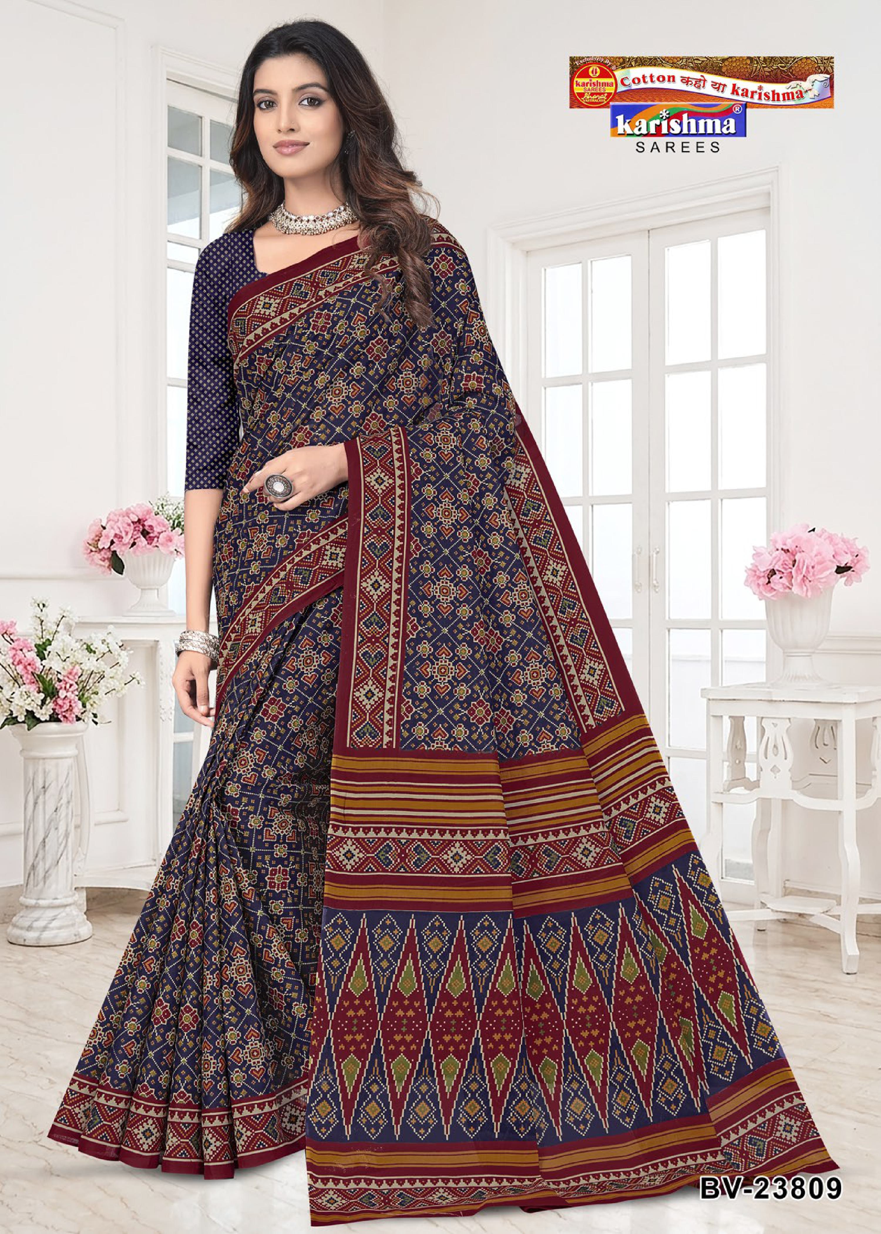 Navy Blue Pure Cotton Mulmul (stiff) Saree With Beautiful Patola Design.