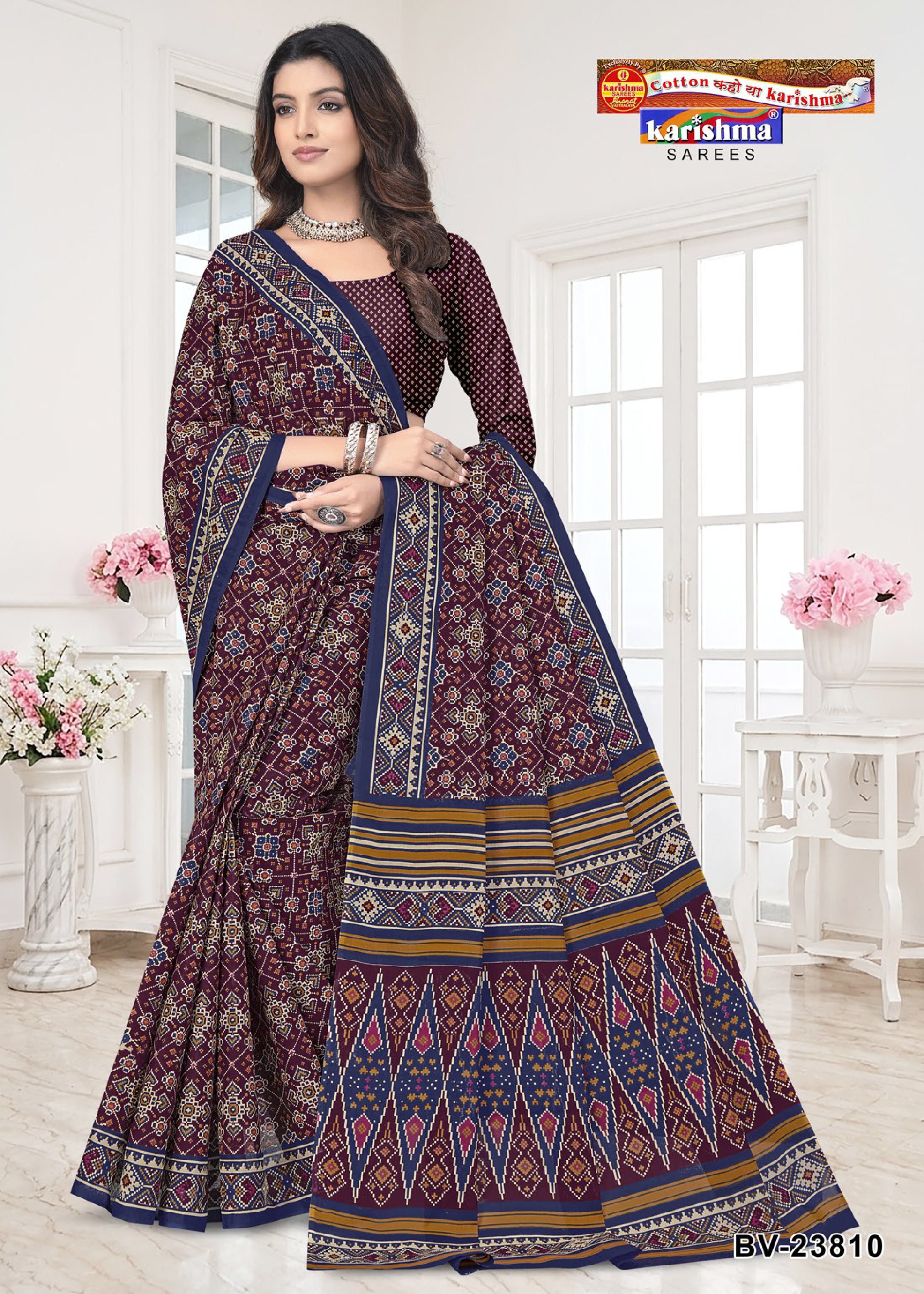 Purple Pure Cotton Mulmul (stiff) Saree With Beautiful Patola Design.