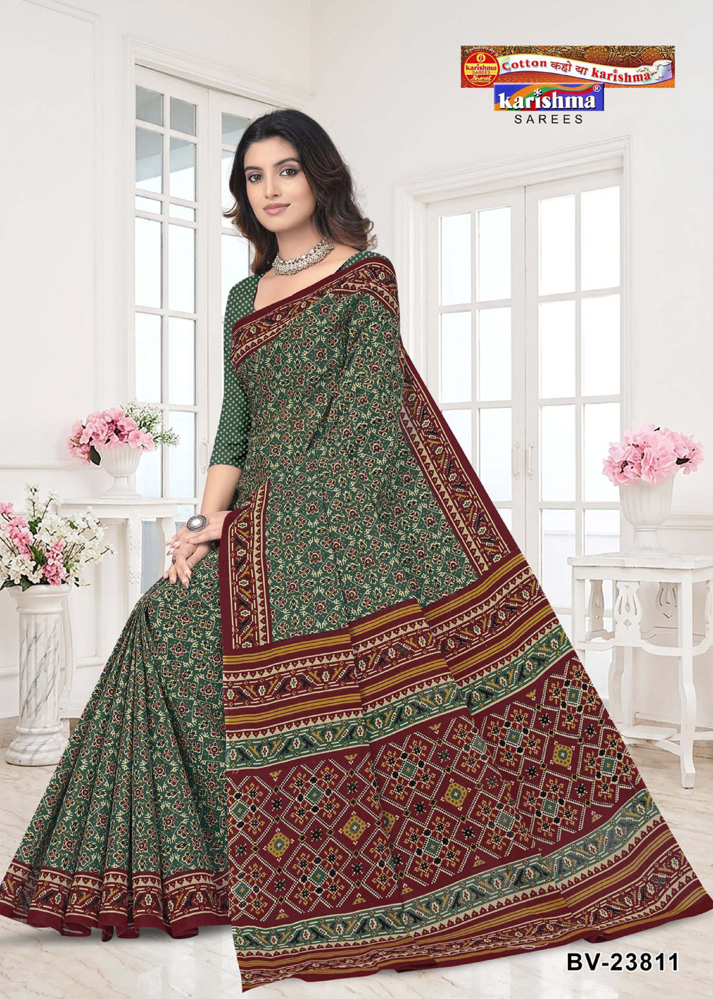 Green Pure Cotton Mulmul (stiff) Saree With Beautiful Patola Design.
