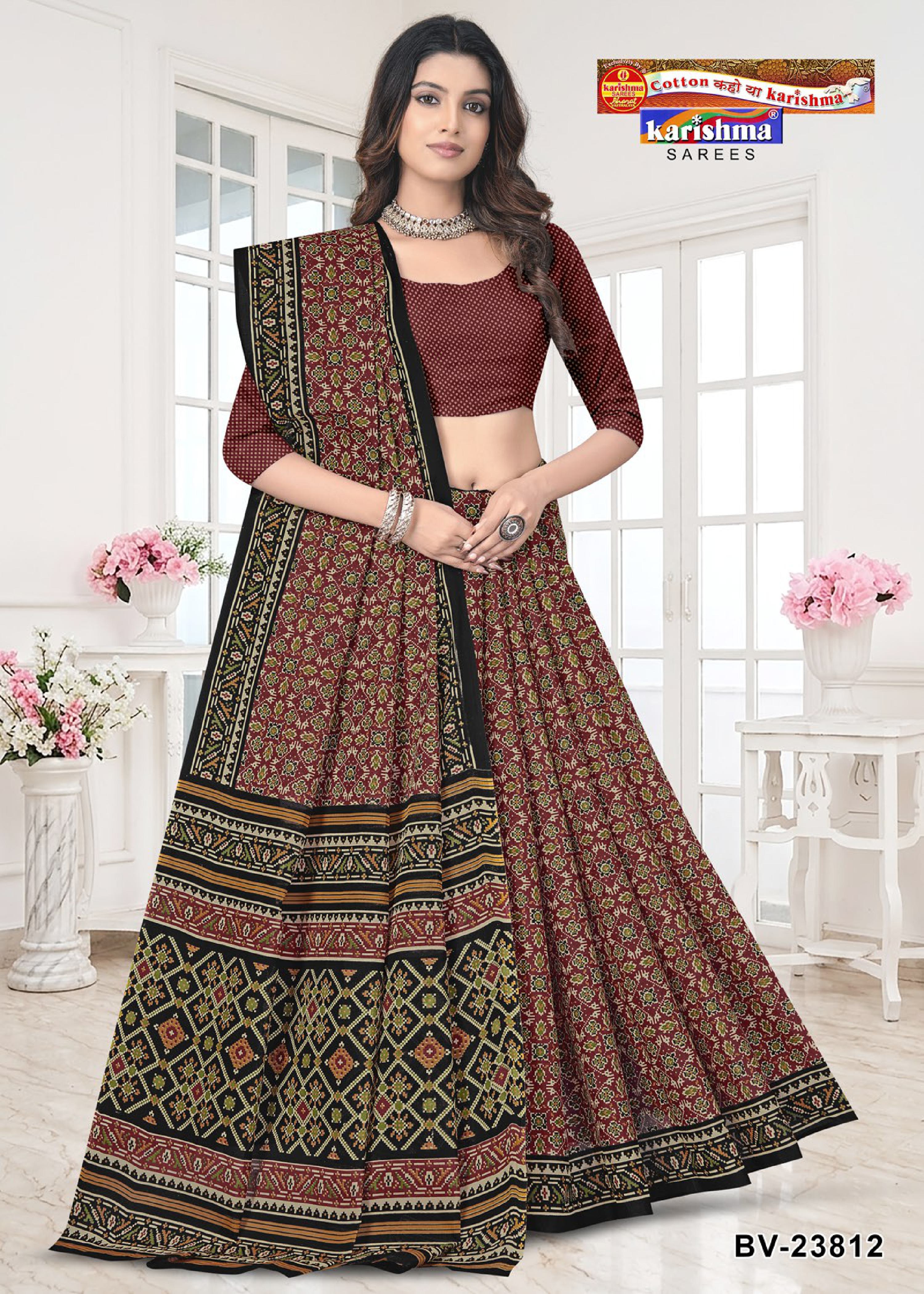 Red Pure Cotton Mulmul (stiff) Saree With Beautiful Patola Design.