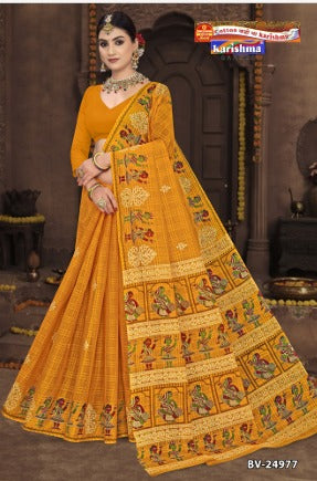 Crafted from pure mulmul (Stiff) cotton, this saree features traditional Kalamkari-inspired prints with an effortless, featherlight drape.